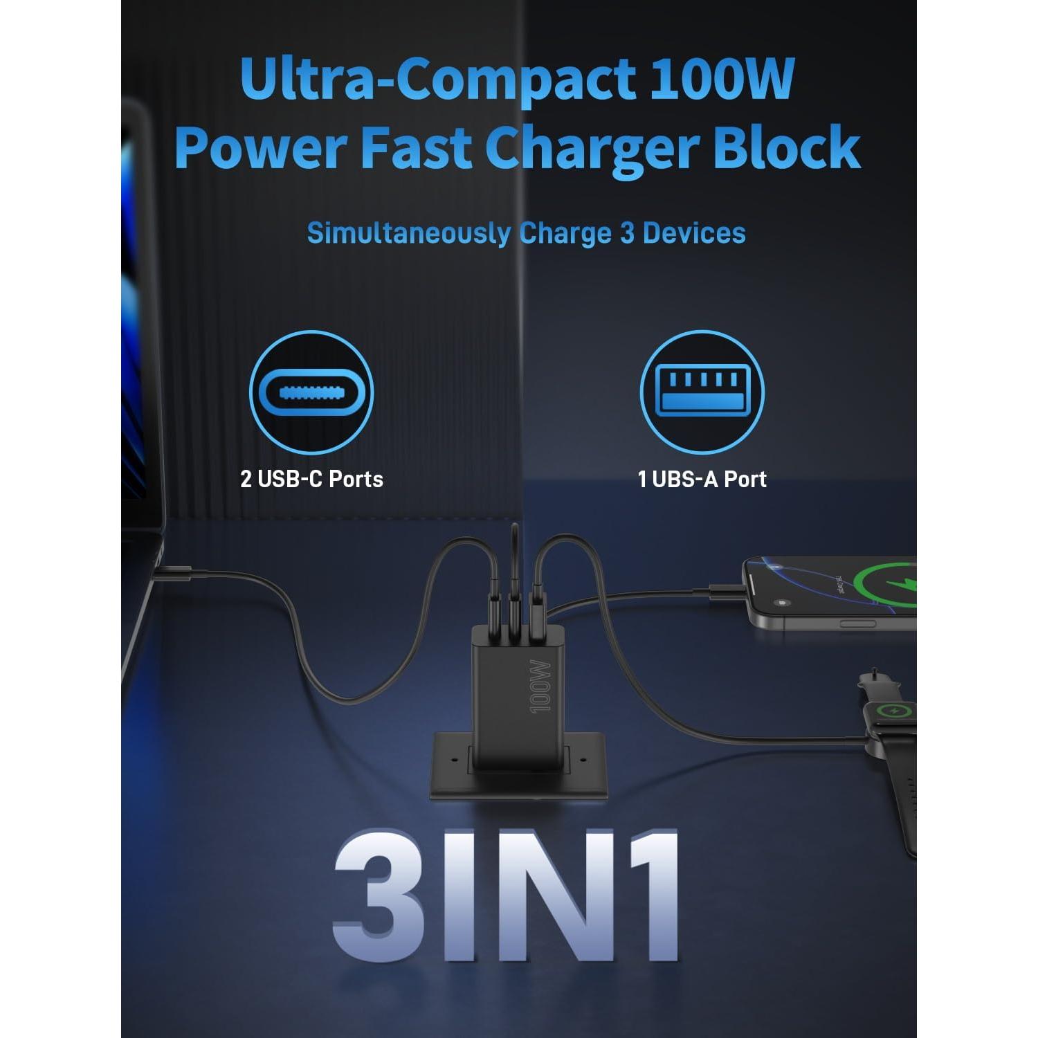 Cargador USB-C 100W 3 Puertos Rápido SHENZHEN - Negro