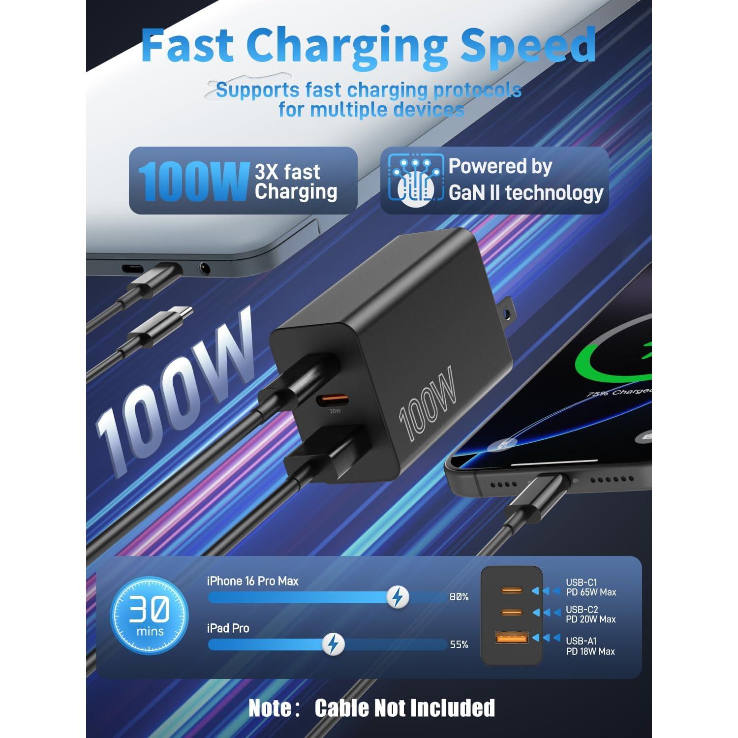 Cargador USB-C 100W 3 Puertos Rápido SHENZHEN - Negro