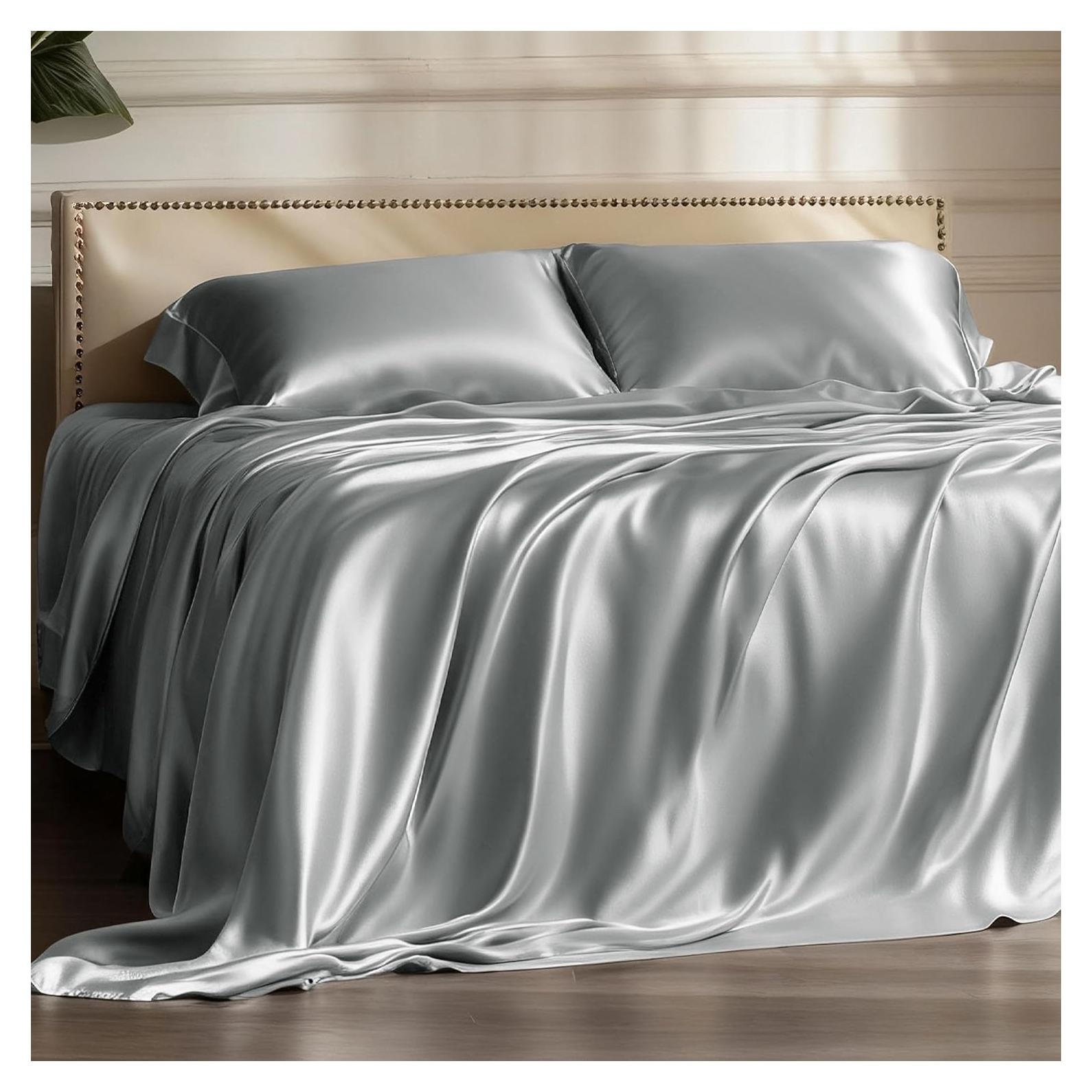 Juego de Sábanas de Satén Bedsure Reina 4 Piezas Gris Plateado