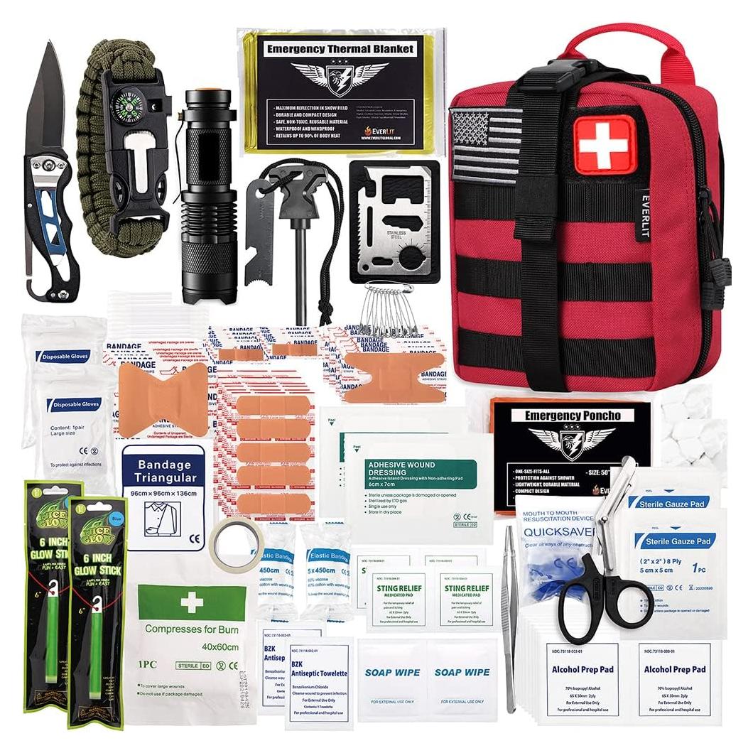Kit de Supervivencia EVERLIT 250 Piezas Bolsa Molle Roja