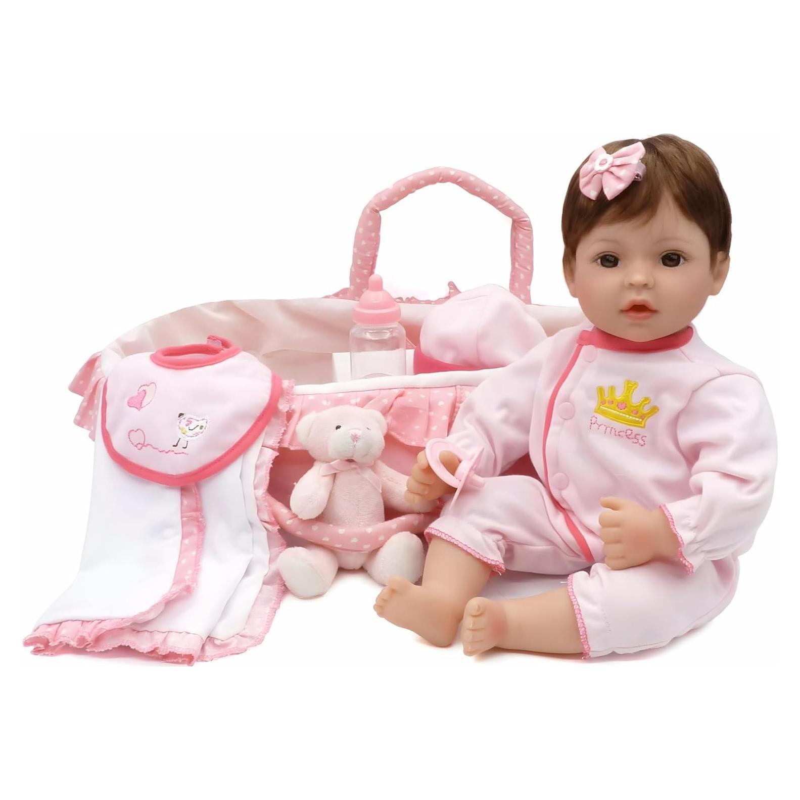 Muñeca Reborn CHAREX 45.72 cm con Cuna Rosa y Accesorios