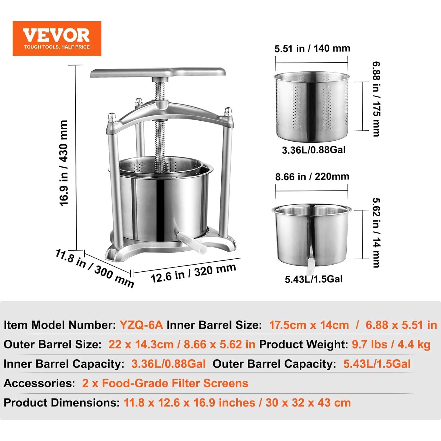 Prensa de Frutas Manual VEVOR 6.06L Acero Inoxidable 30cm