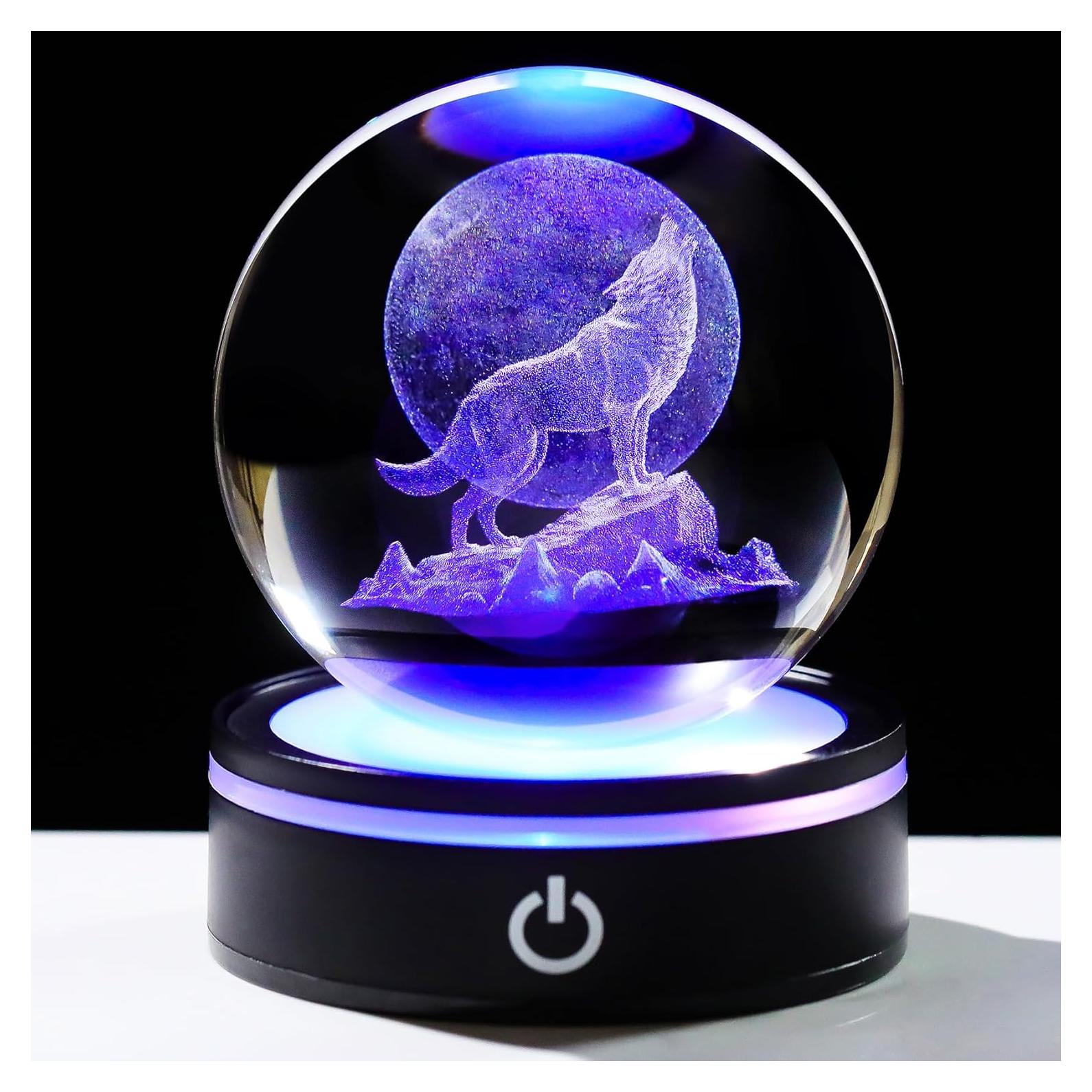 Figura de Lobo de Cristal 3D YWHL con Base LED Colorida
