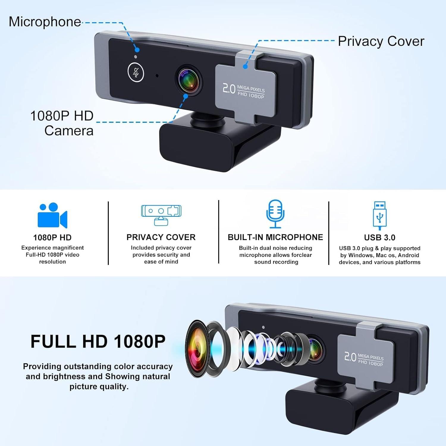 Cámara Web Paobas C920 1080P con Micrófonos y Tapa