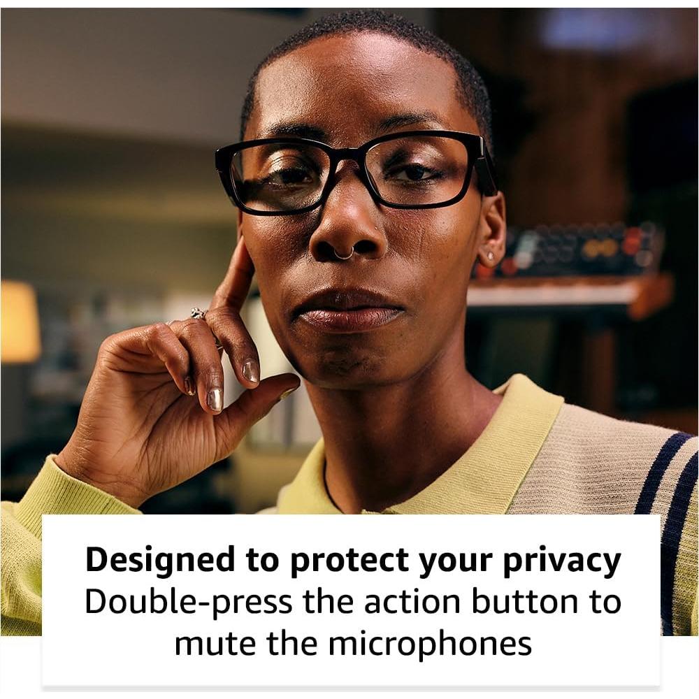 Amazon Echo Frames, an Alexa device (newest model), Smart glasses with Alexa, Rectangle frames in Classic Black with blue light filtering lenses