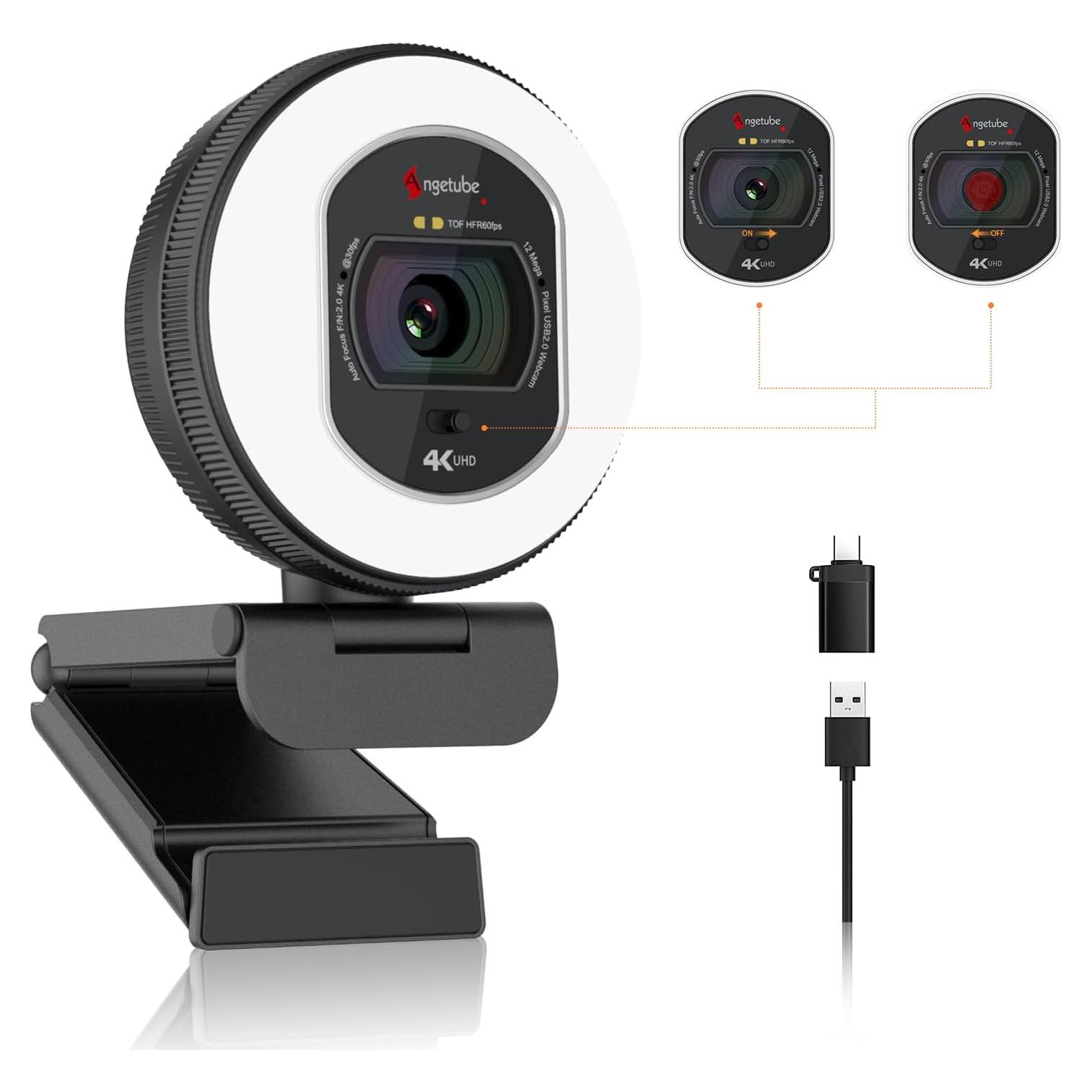 Cámara Web Angetube 4K 866Max con Luz y Micrófonos AI