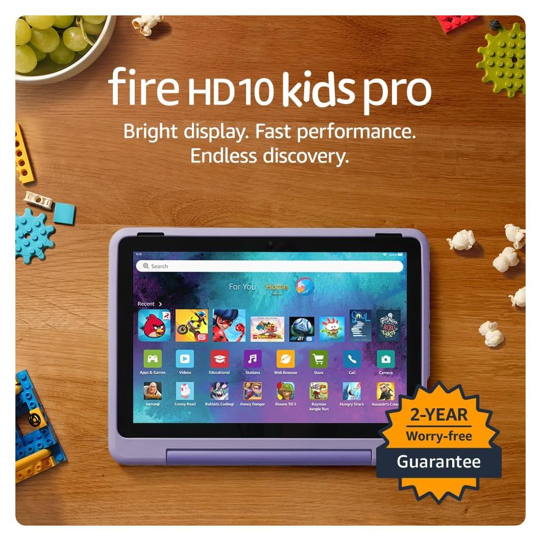 Amazon Fire HD 10 Kids Pro tablet, ages 6-12. Bright 10.1" HD screen, includes ad-free content, robust parental controls, 13-hr battery and slim case for older kids, 32 GB, Happy Day