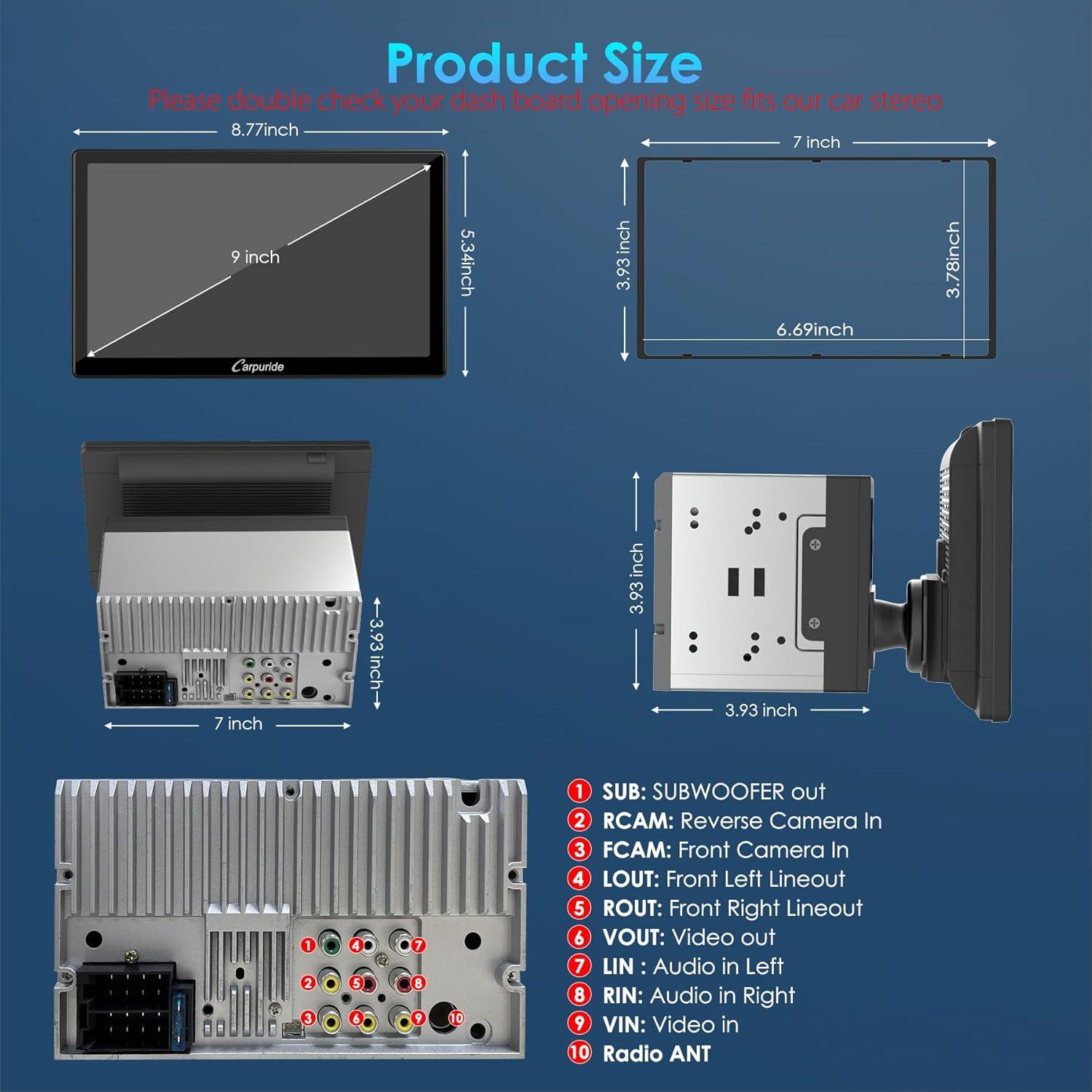 Estéreo de automóvil Carpuride YT09S 9" Doble Din con CarPlay