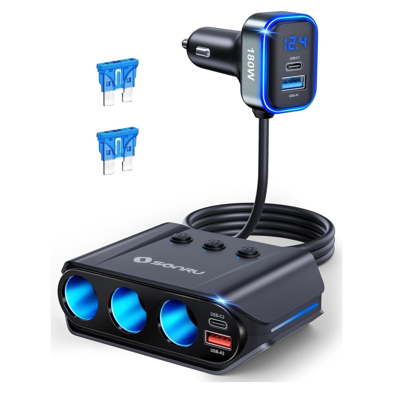 Divisor de Encendedor de Cigarrillos SONRU 180W 3 Tomas USB Carga Rápida