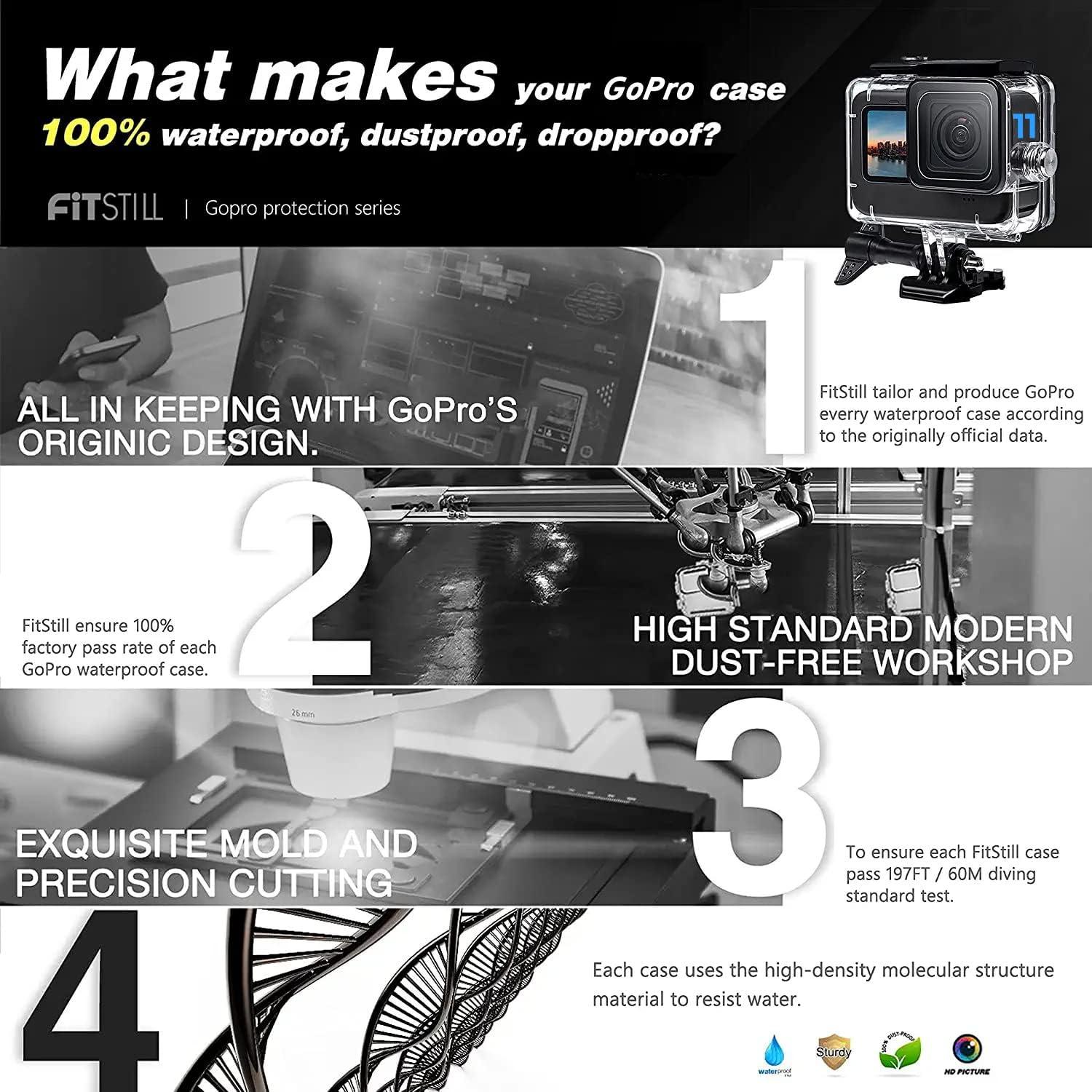 FiTSTILL Funda Impermeable para GoPro Hero 12/11/10/9 Negra