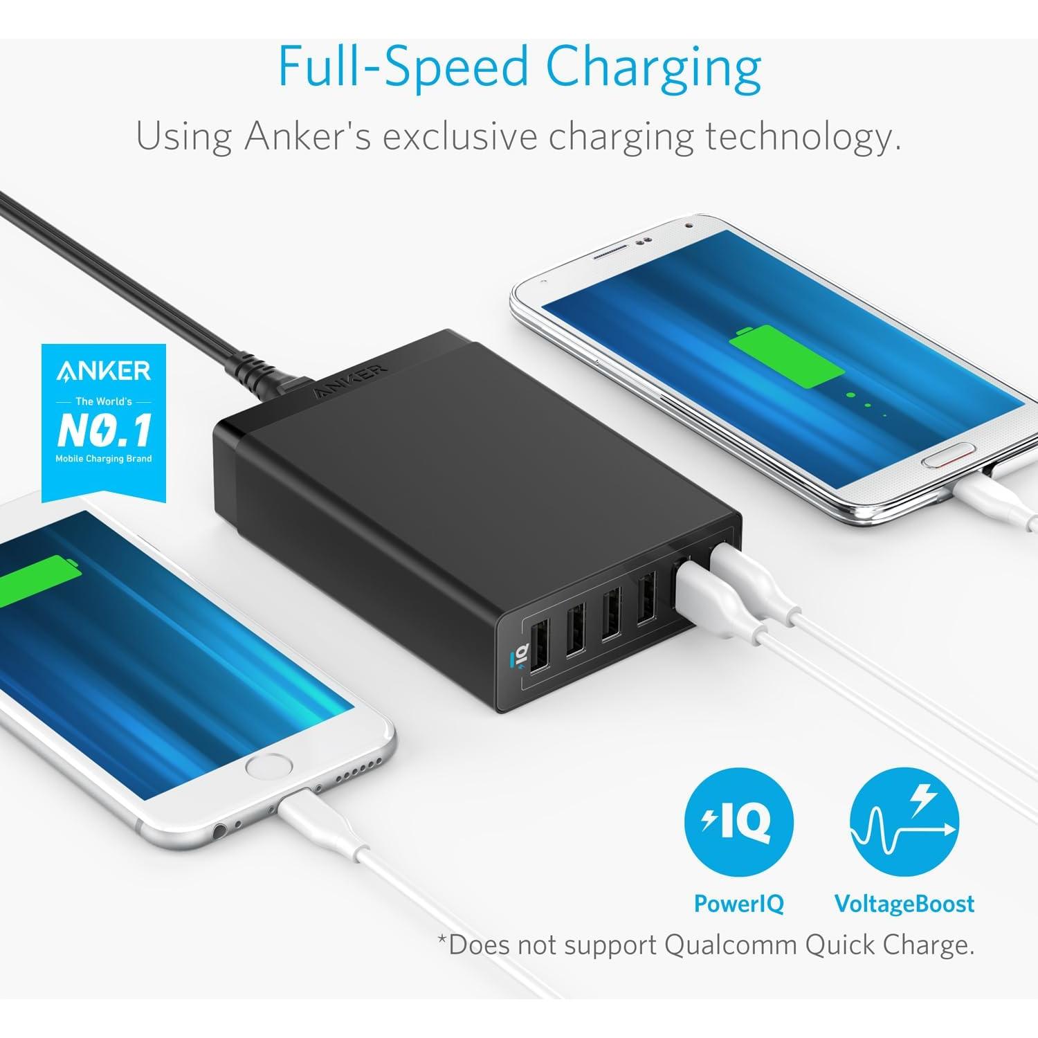 Cargador Anker PowerPort 6, 60W, 6 Puertos USB, Negro