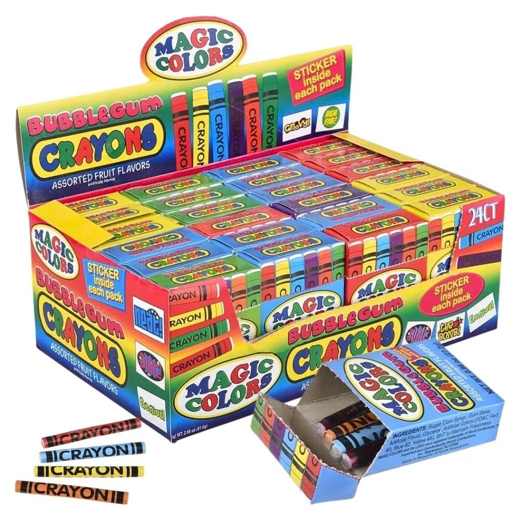 Rhode Island Novelty Magic Colors Assorted Fruit Flavored Bubble Gum Crayons Packs: 24-Piece Box