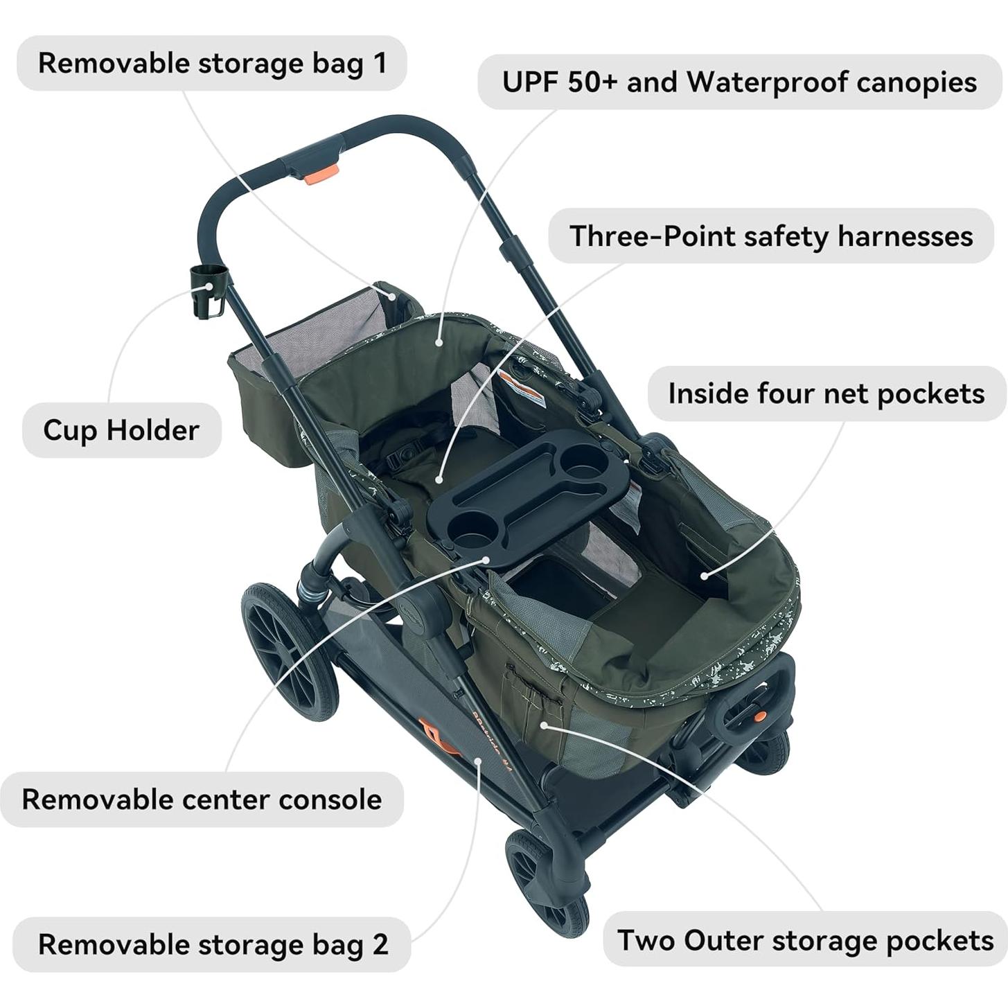 Cochecito Doble Pamo Babe Verde Ajustable Impermeable