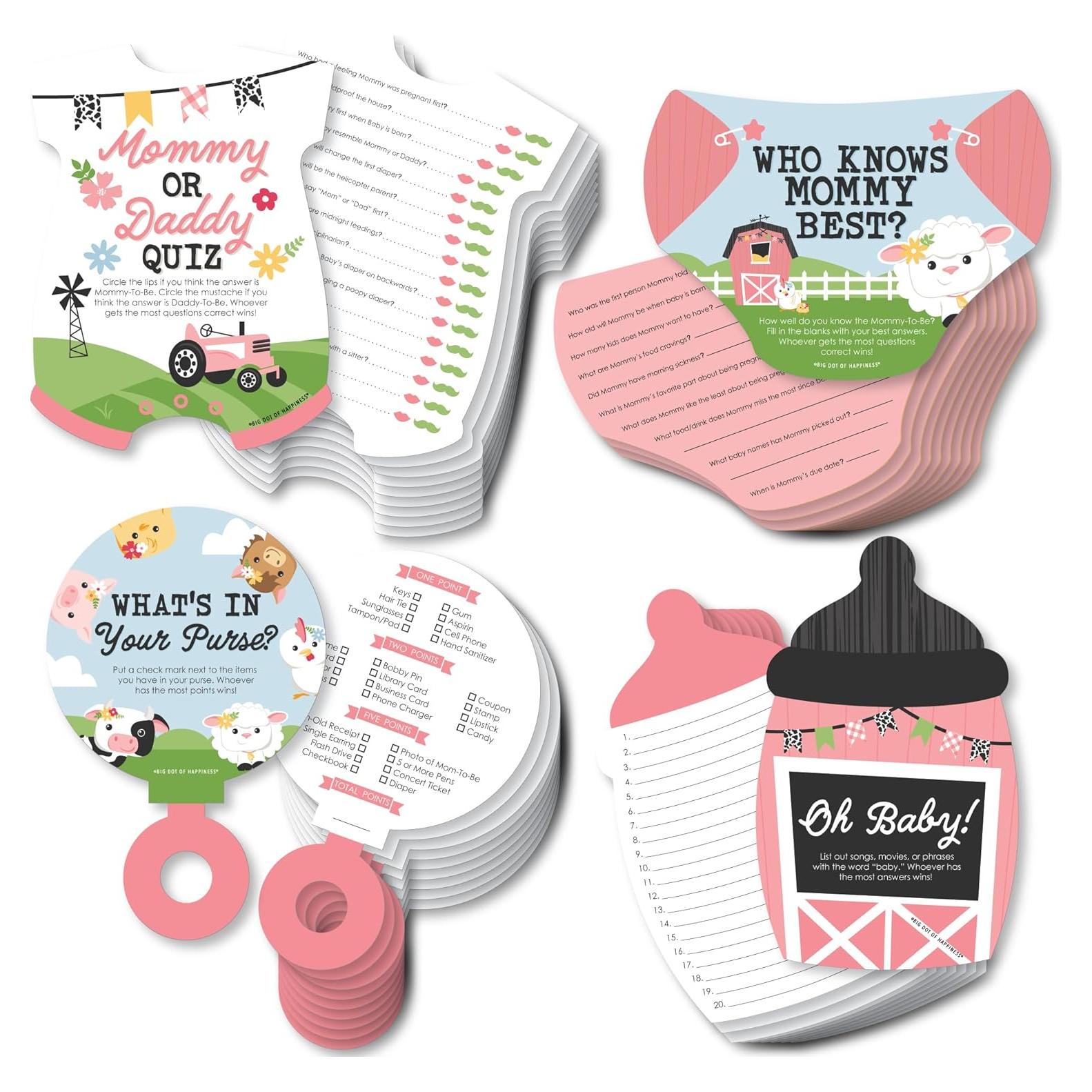 Paquete de Juegos de Baby Shower Granja Rosa - 4 Juegos