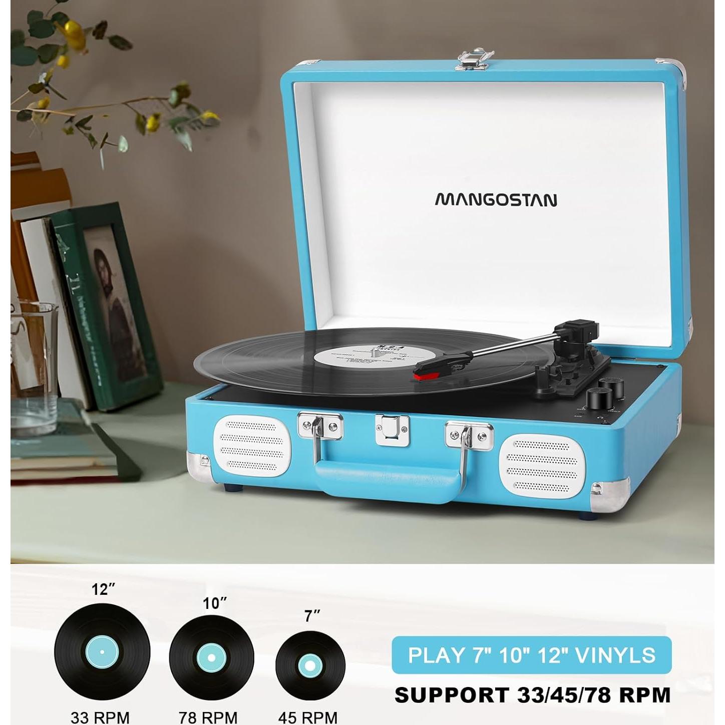 Reproductor de Vinilo Portátil Bluetooth MANGOSTAN TE-001KBU Azul