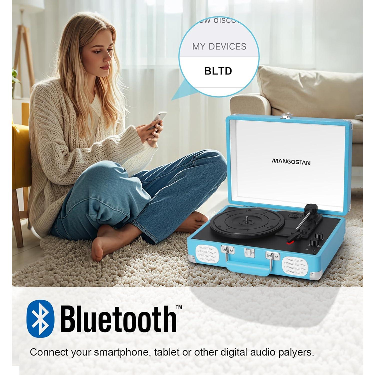 Reproductor de Vinilo Portátil Bluetooth MANGOSTAN TE-001KBU Azul