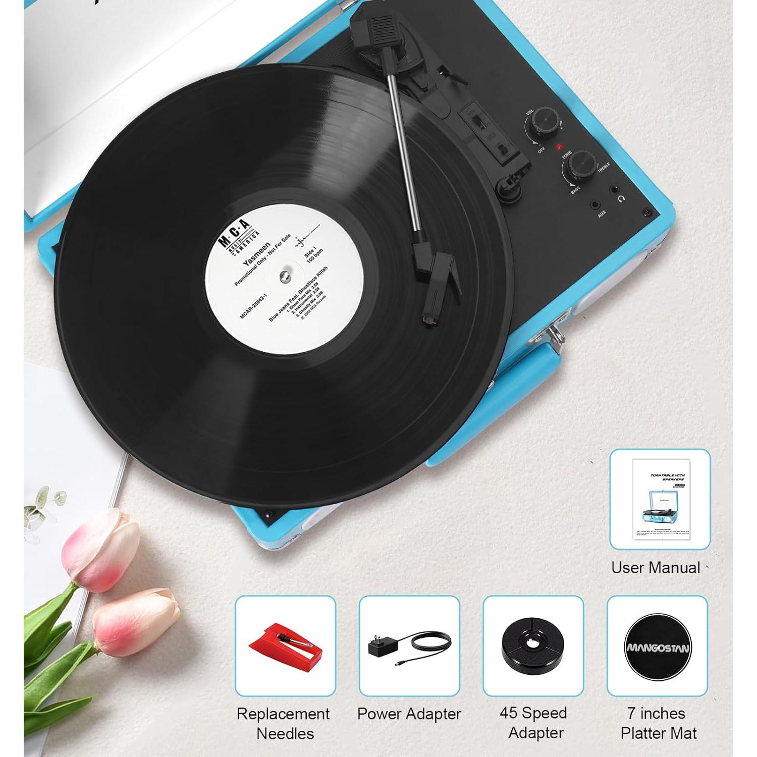 Reproductor de Vinilo Portátil Bluetooth MANGOSTAN TE-001KBU Azul
