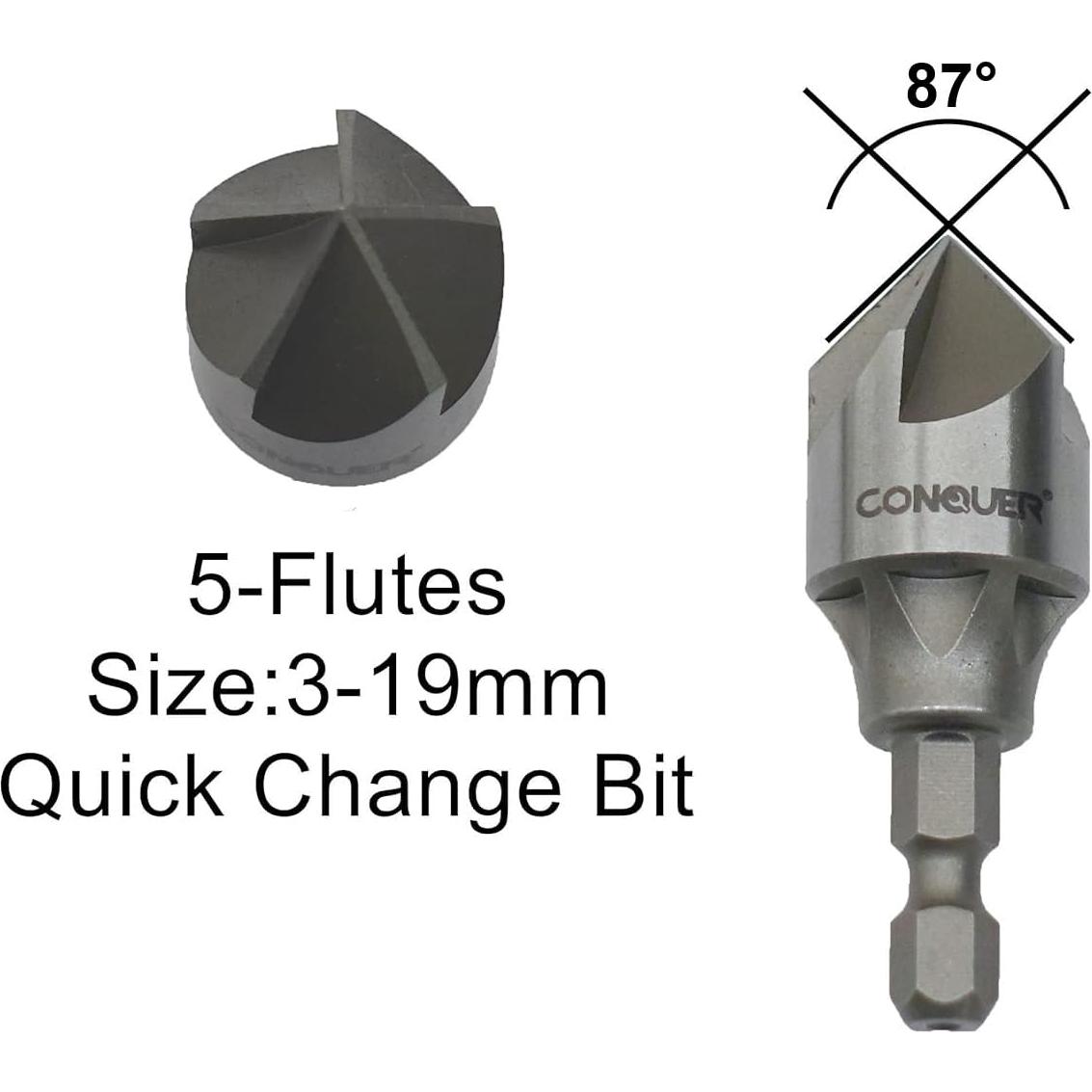 Broca de Avellanado CONQUER 5 Flautas 87° 3mm-19mm