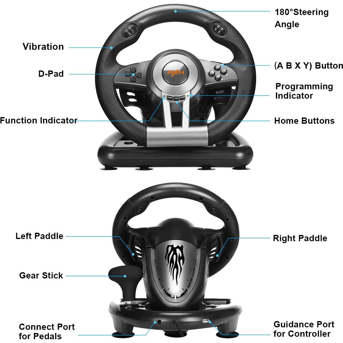 Volante de Carreras PXN V3III 180° con Pedales - Negro