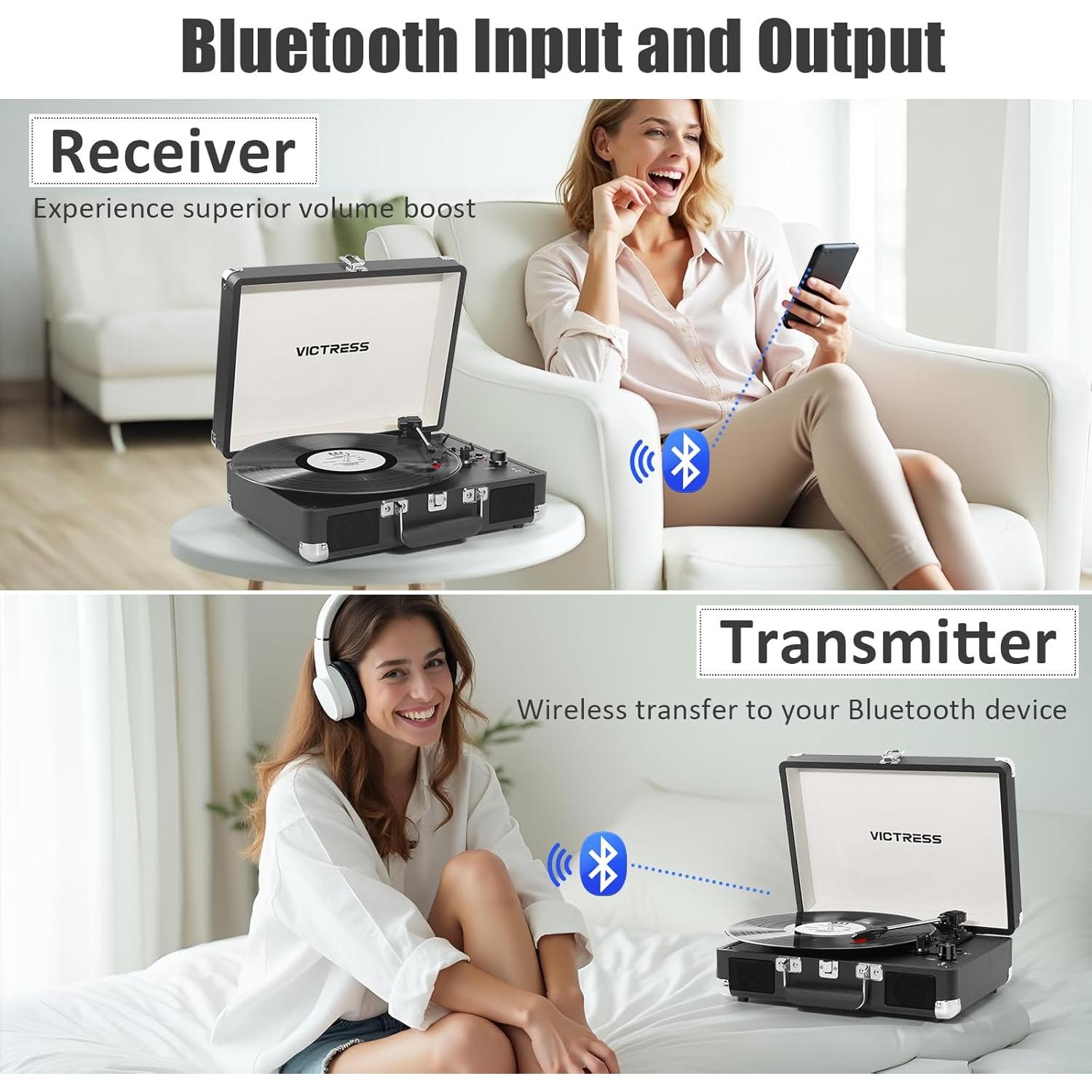 Reproductor de Vinilo VICTRESS TE-001F-BK Bluetooth 3 Velocidades