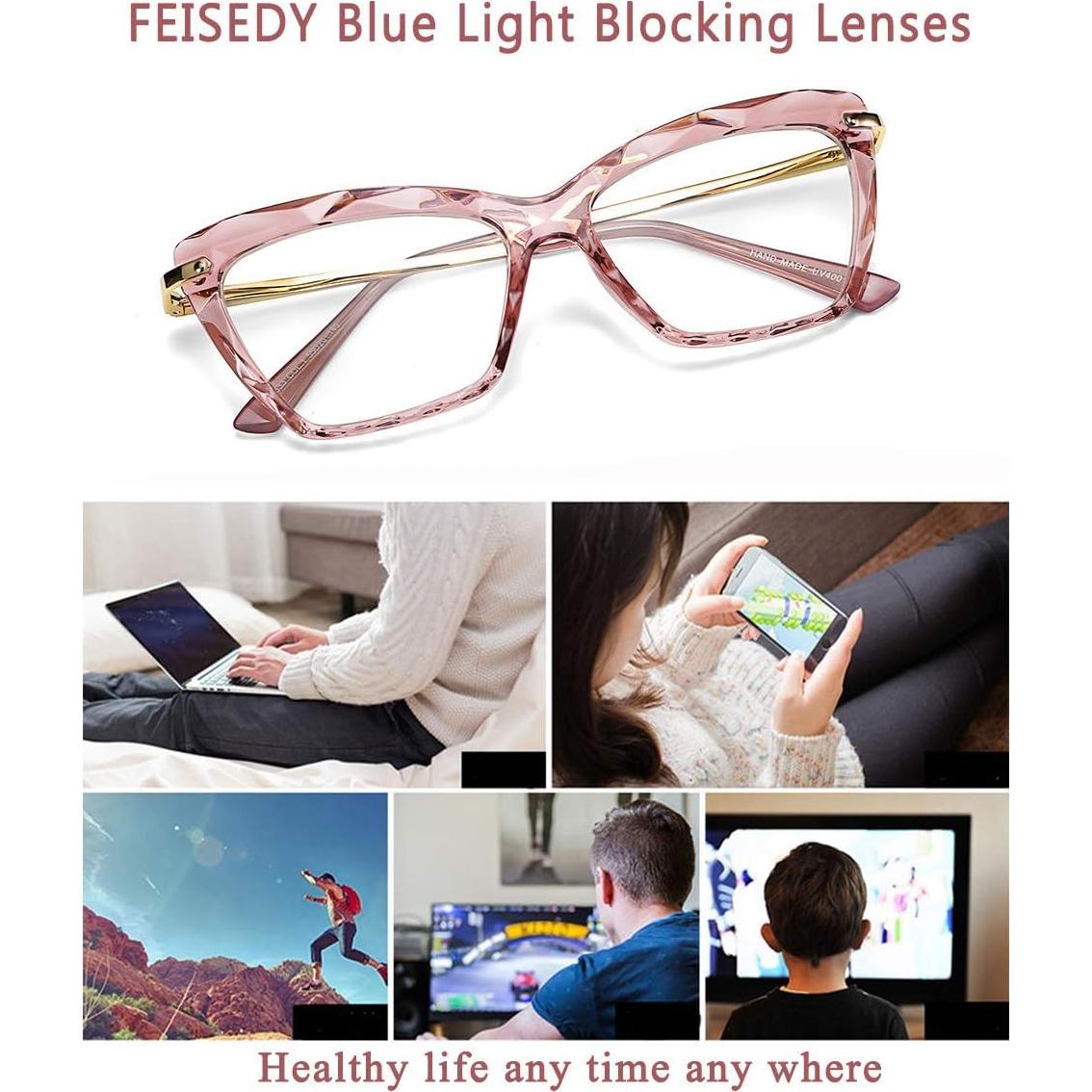 Gafas de Ojo de Gato FEISEDY Cristal Rosa con Bloqueo Luz Azul