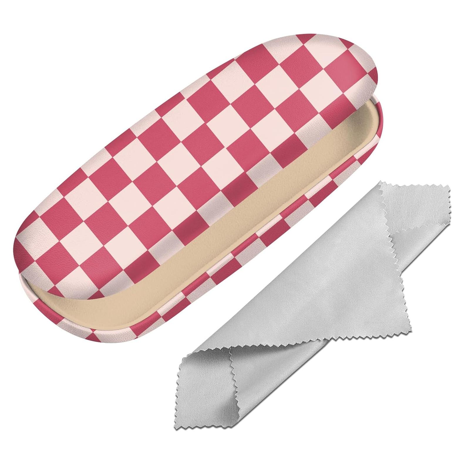 Estuche para Gafas Duro PU Rosa Cuadrícula con Paño