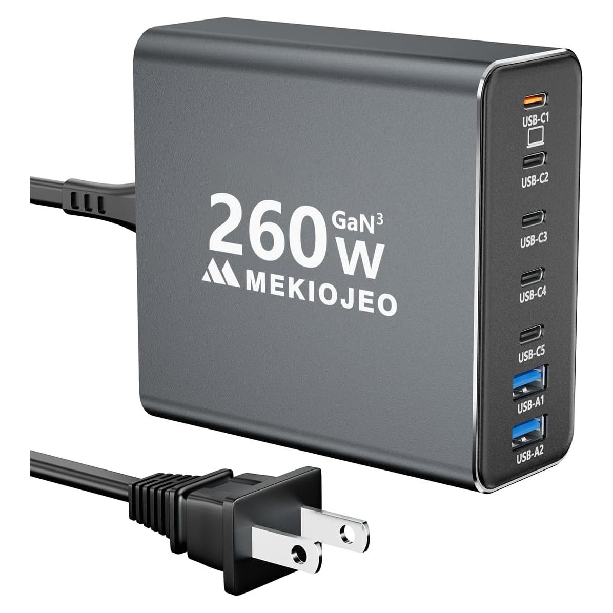 Cargador USB C 260W MEKIOJEO 7 Puertos Carga Rápida Gris