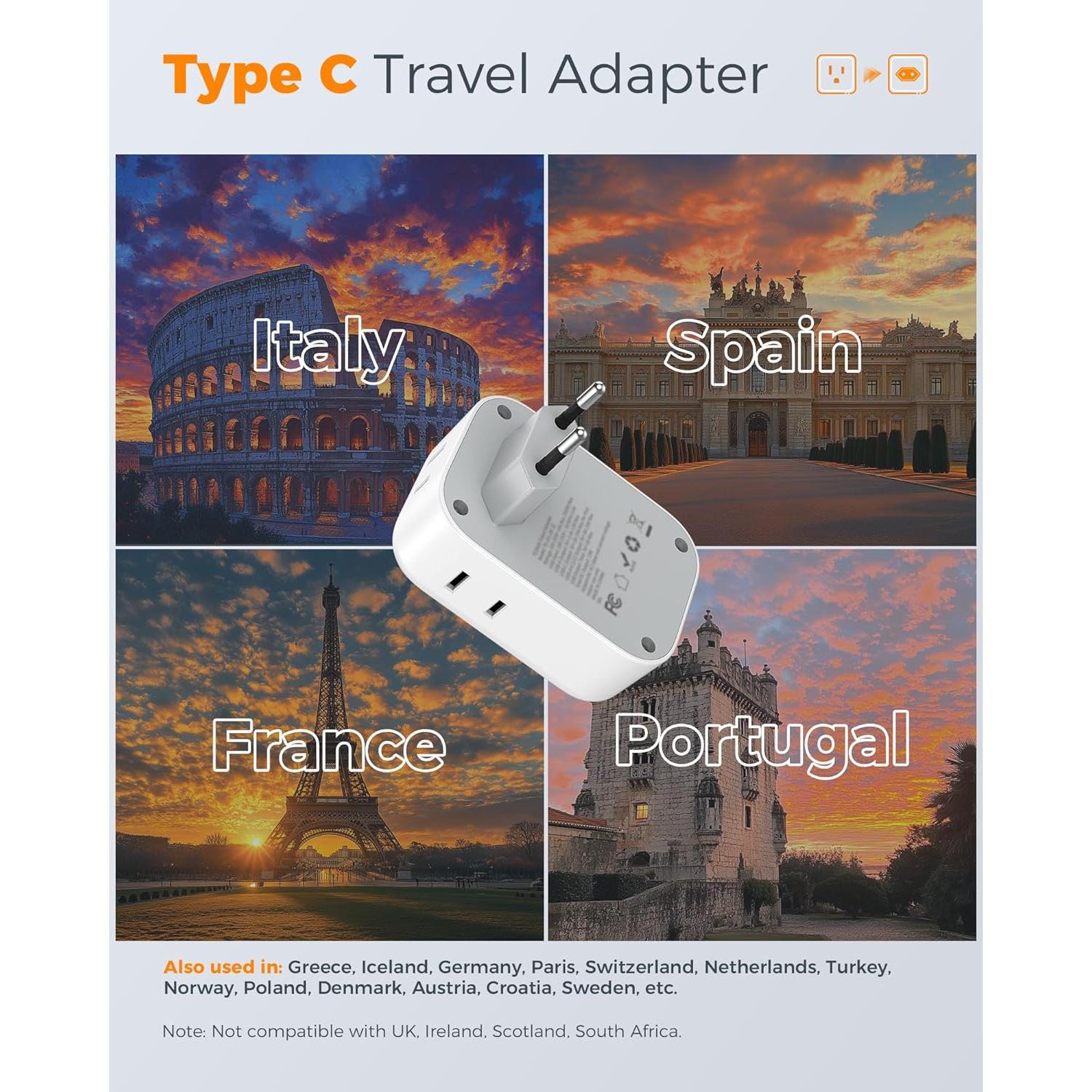 Adaptador de Enchufe de Viaje TESSAN Tipo C 7 en 1 USB