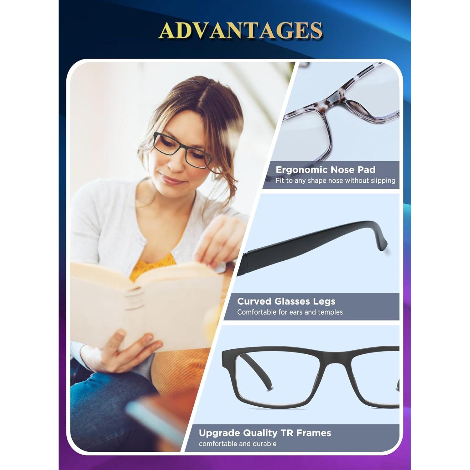 2 Pack Reading Glasses, Unbreakable Blue Light Blocking Reading Glasses,Filter UV Ray/Glare Computer Readers, Stylish Lightweight Spring Hinges Eyeglasses for Women Men(Black/Transparent,2.0)
