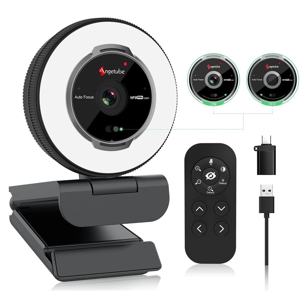 Cámara Web Angetube 1080P 60FPS con Luz de Anillo y Control Remoto