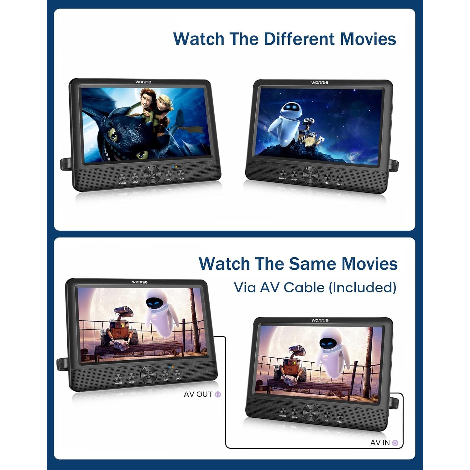 Reproductor DVD Doble WONNIE 10.5" para Auto, Batería 5h