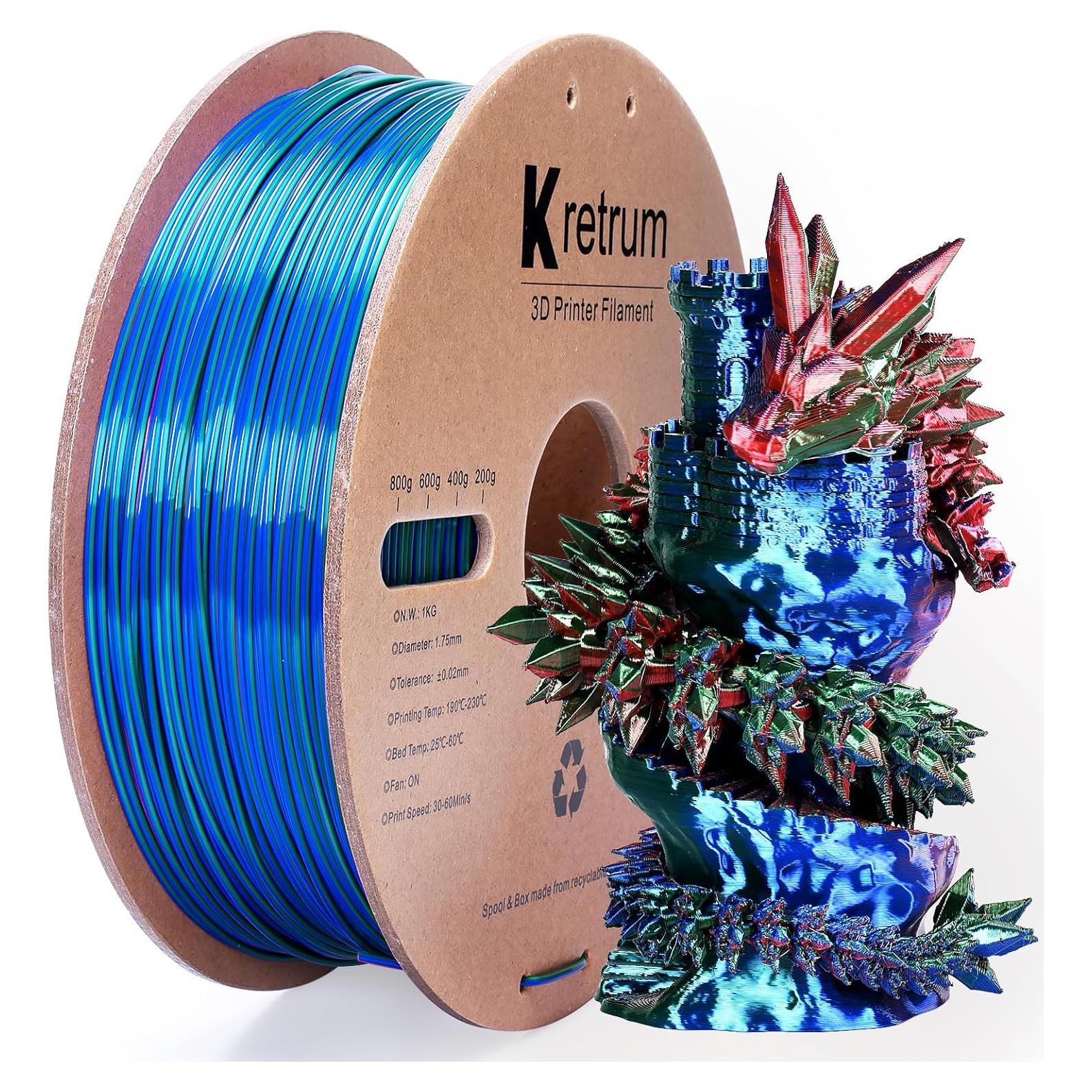 Filamento PLA Seda Tricolor 1.75mm Kretrum 1kg Rojo Verde Azul