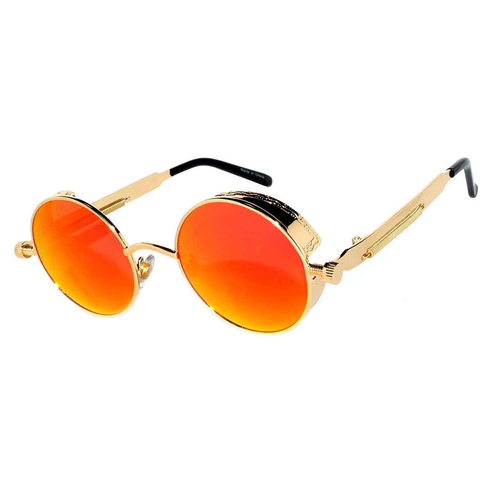 Gafas de sol redondas Steampunk Metal UV400 Dorado/Rojo