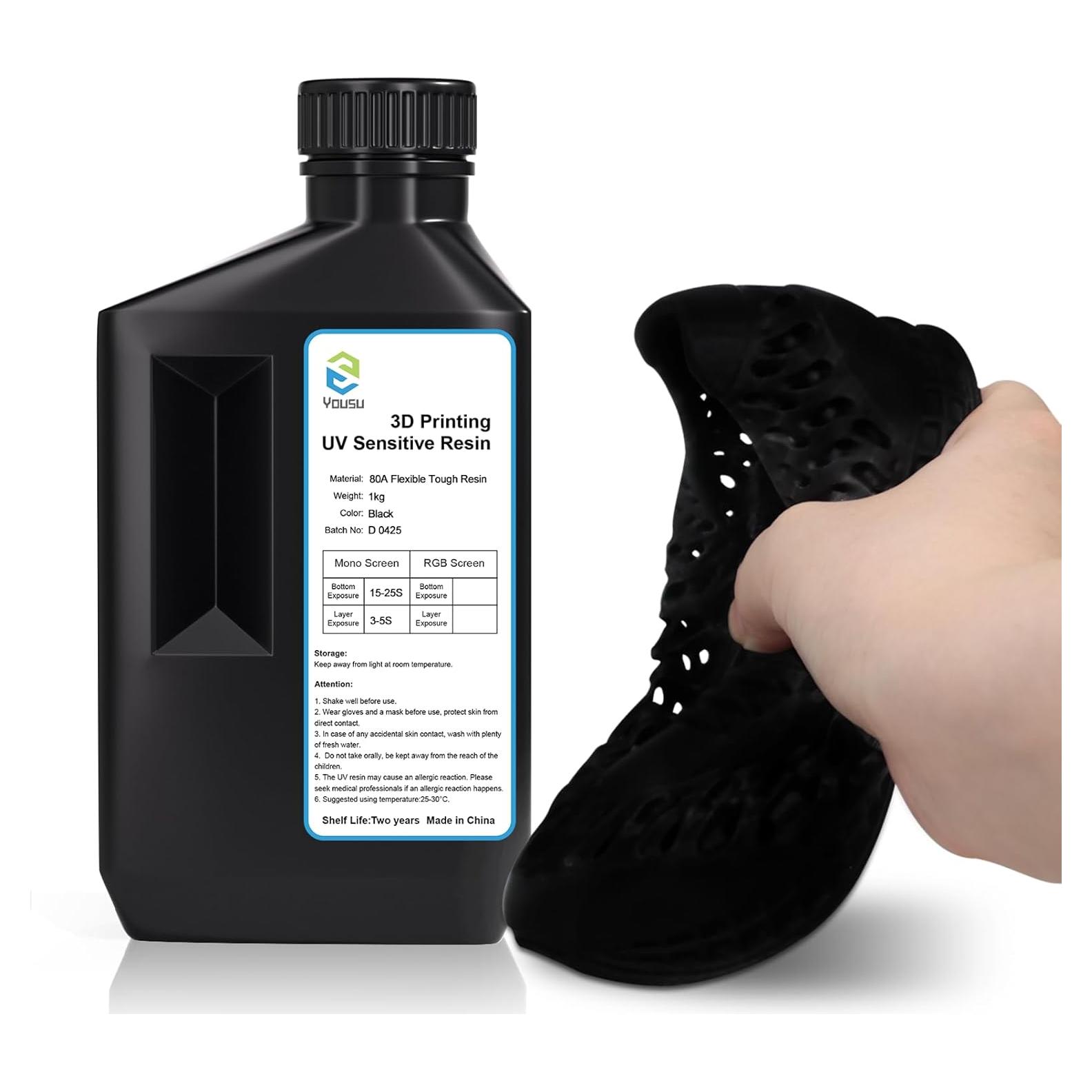 Resina Flexible YOUSU 1kg 80A para Impresora 3D UV Negra