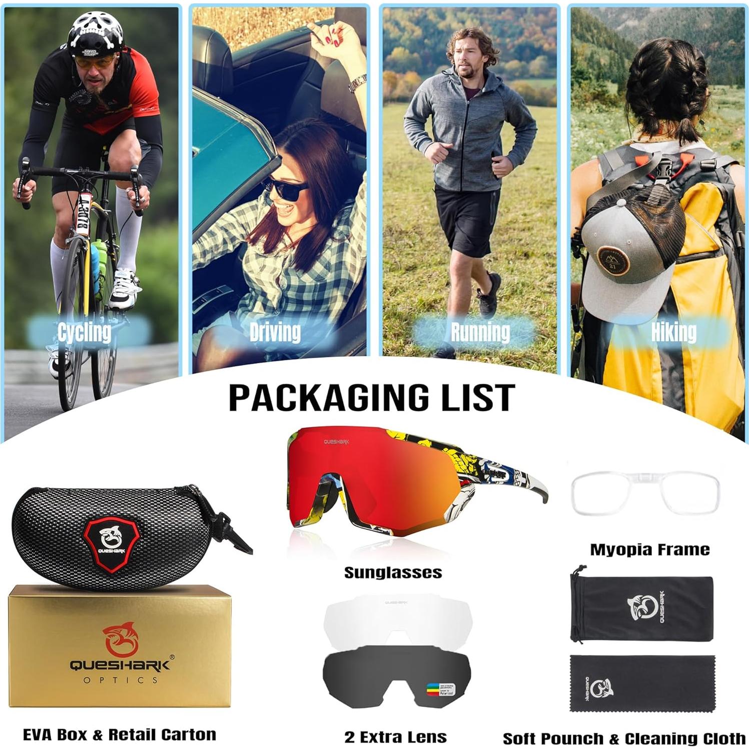 Gafas de Ciclismo Queshark con 3 Lentes Polarizadas