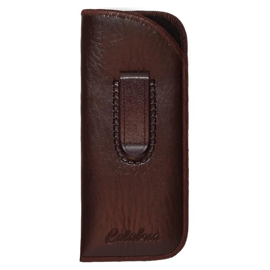 Funda delgada Calabria para gafas con clip de cuero marrón