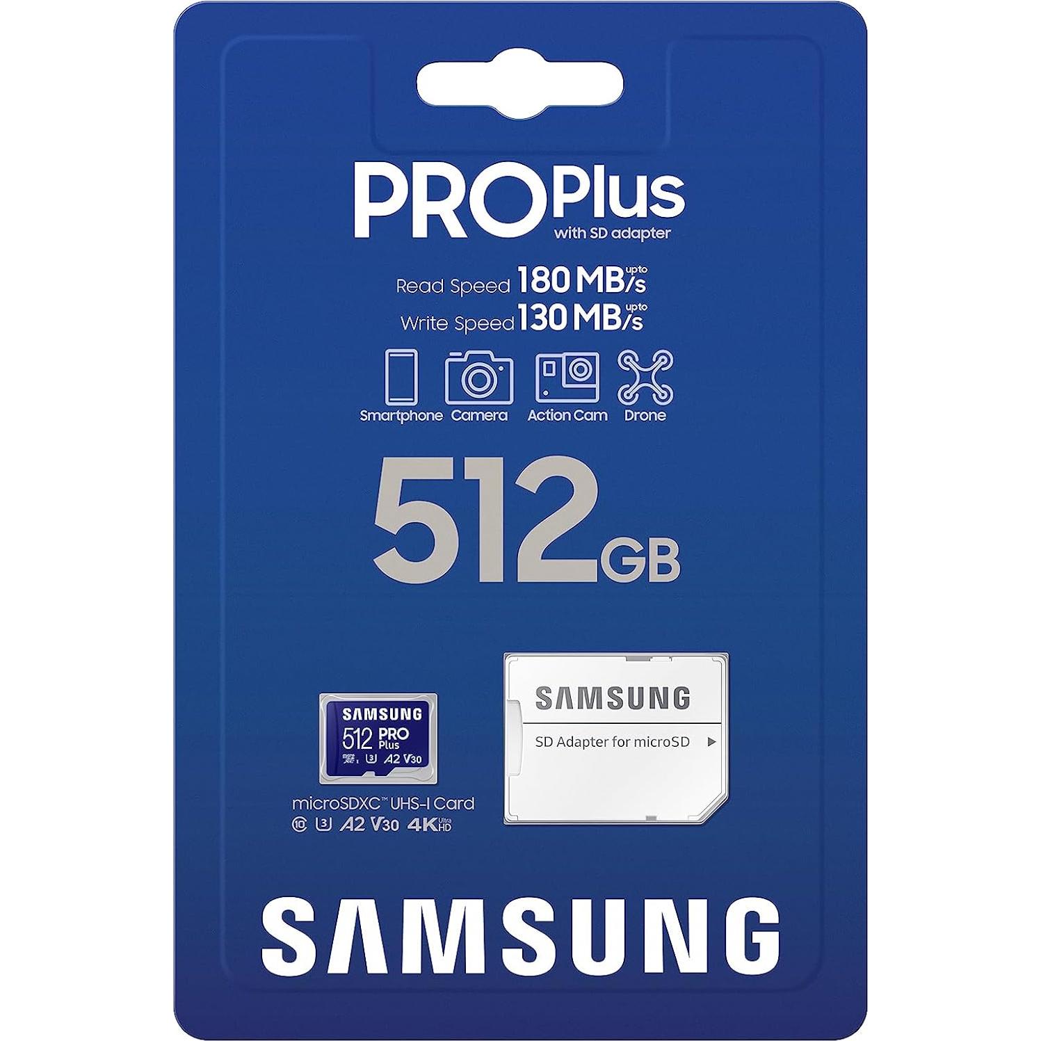 PRO Plus microSD Memory Card + Adapter, 512GB microSDXC, Up to 180 MB/s, Full HD & 4K UHD, UHS I, C10, U3, V30, A2, for Android Smartphones, Tablets, GoPRO, and DJI Drone (MB MD512SA/AM)