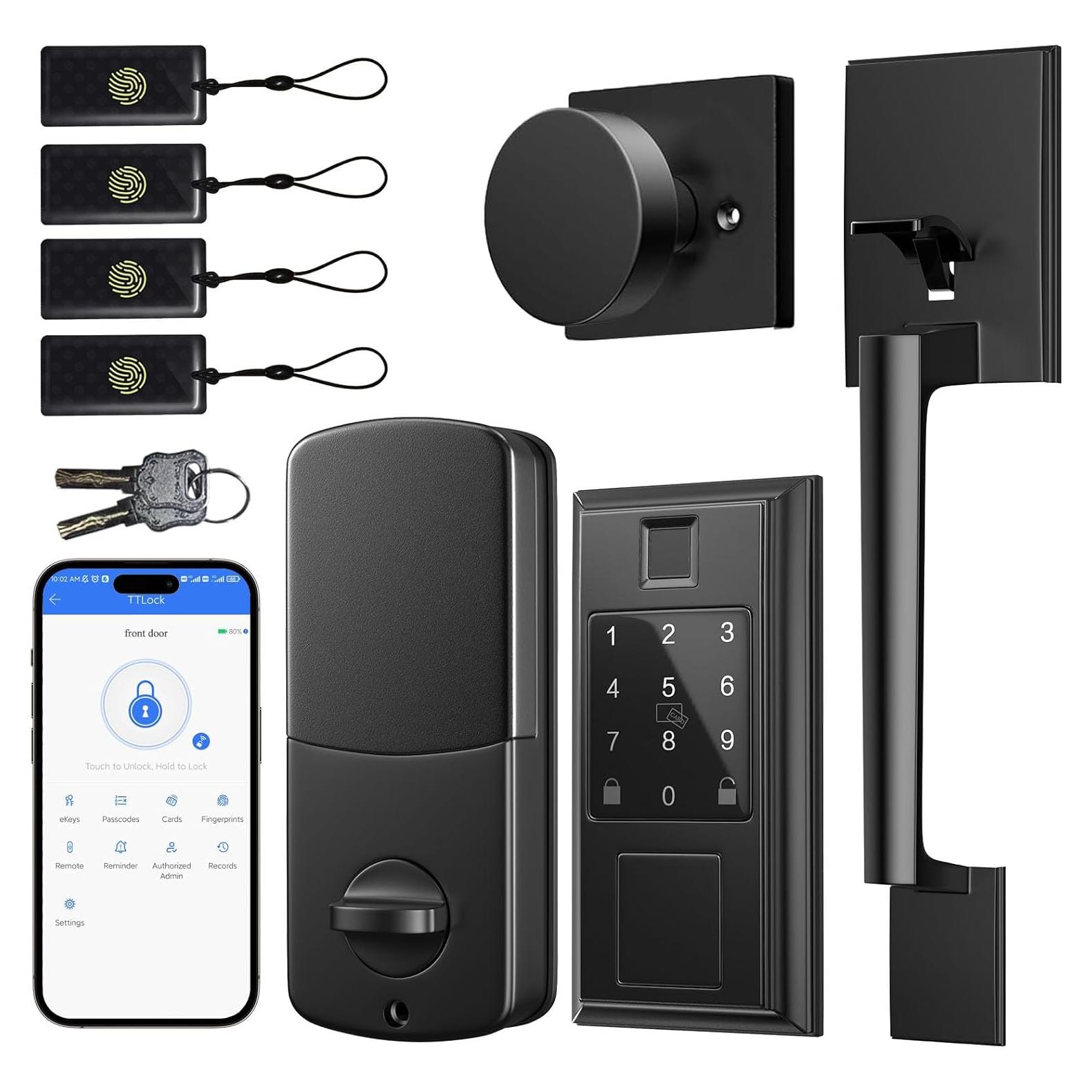 Smart Locks for Front Door with Handle Knob Set, Keyless Entry Door Lock, Fingerprint & App Control, Touchscreen Keypad Deadbolt, Auto Lock, Matte Black