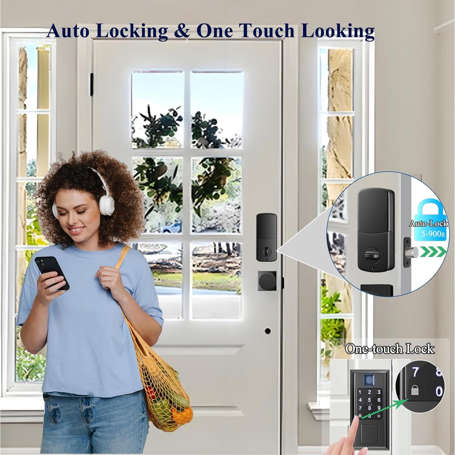 Smart Locks for Front Door with Handle Knob Set, Keyless Entry Door Lock, Fingerprint & App Control, Touchscreen Keypad Deadbolt, Auto Lock, Matte Black