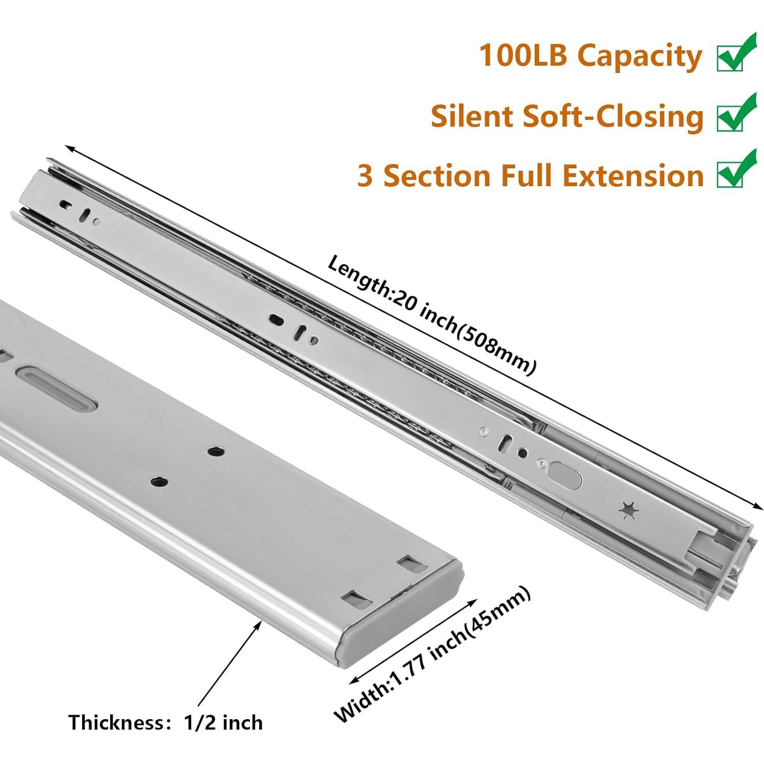 Deslizadores de Cajón LONTAN 20" Cierre Suave 10 Pares 100LB