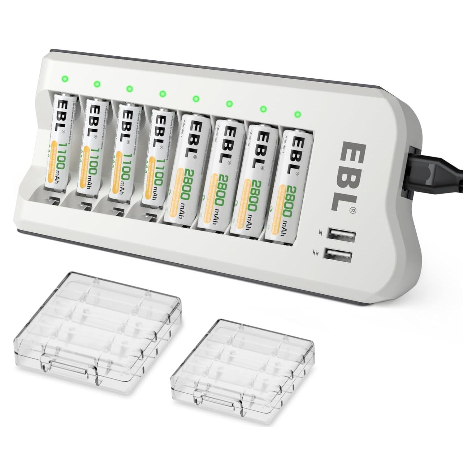 Cargador Inteligente EBL + 4 Baterías AA 2800mAh + 4 AAA