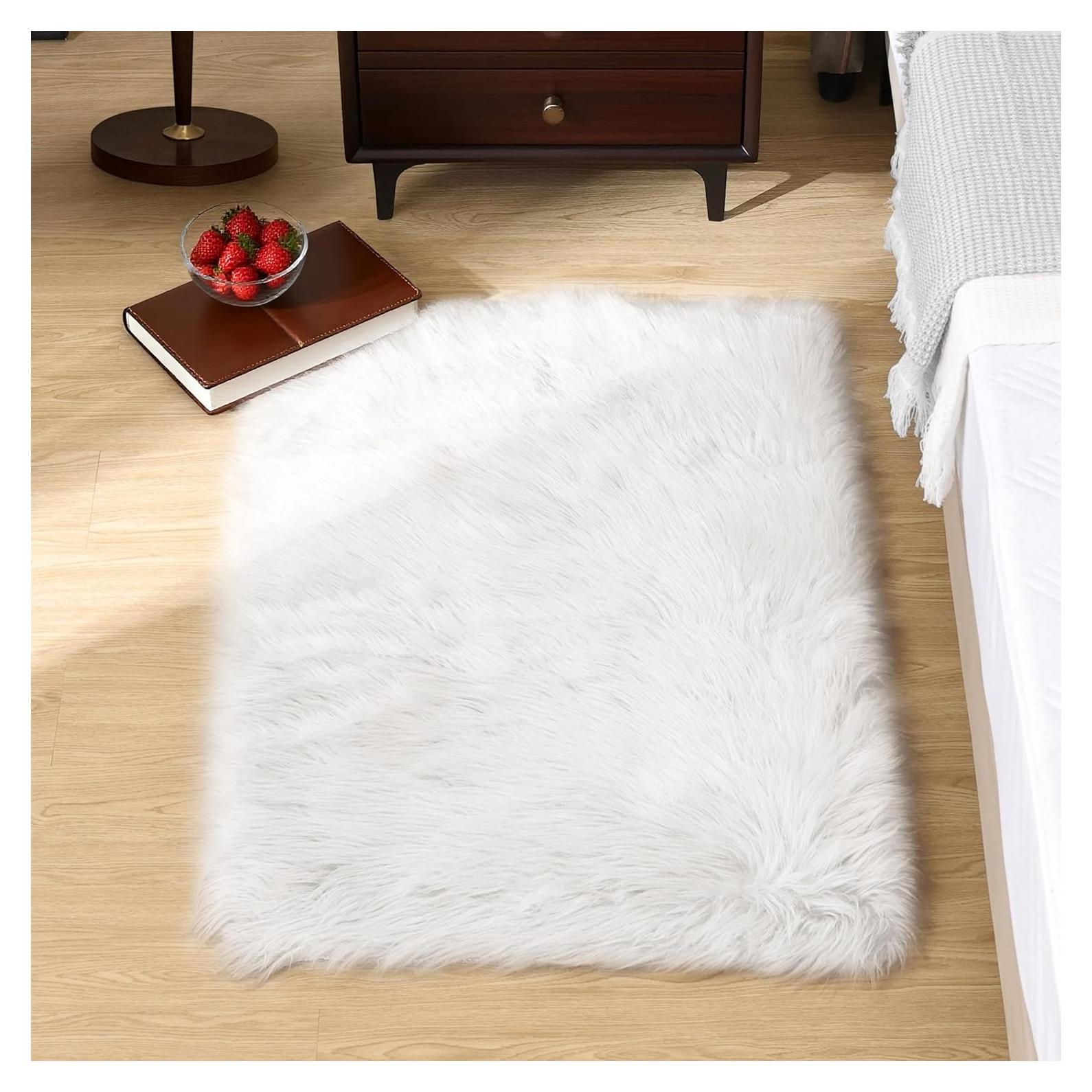 Alfombra de piel sintética Goolela 2x3 Blanca Esponjosa