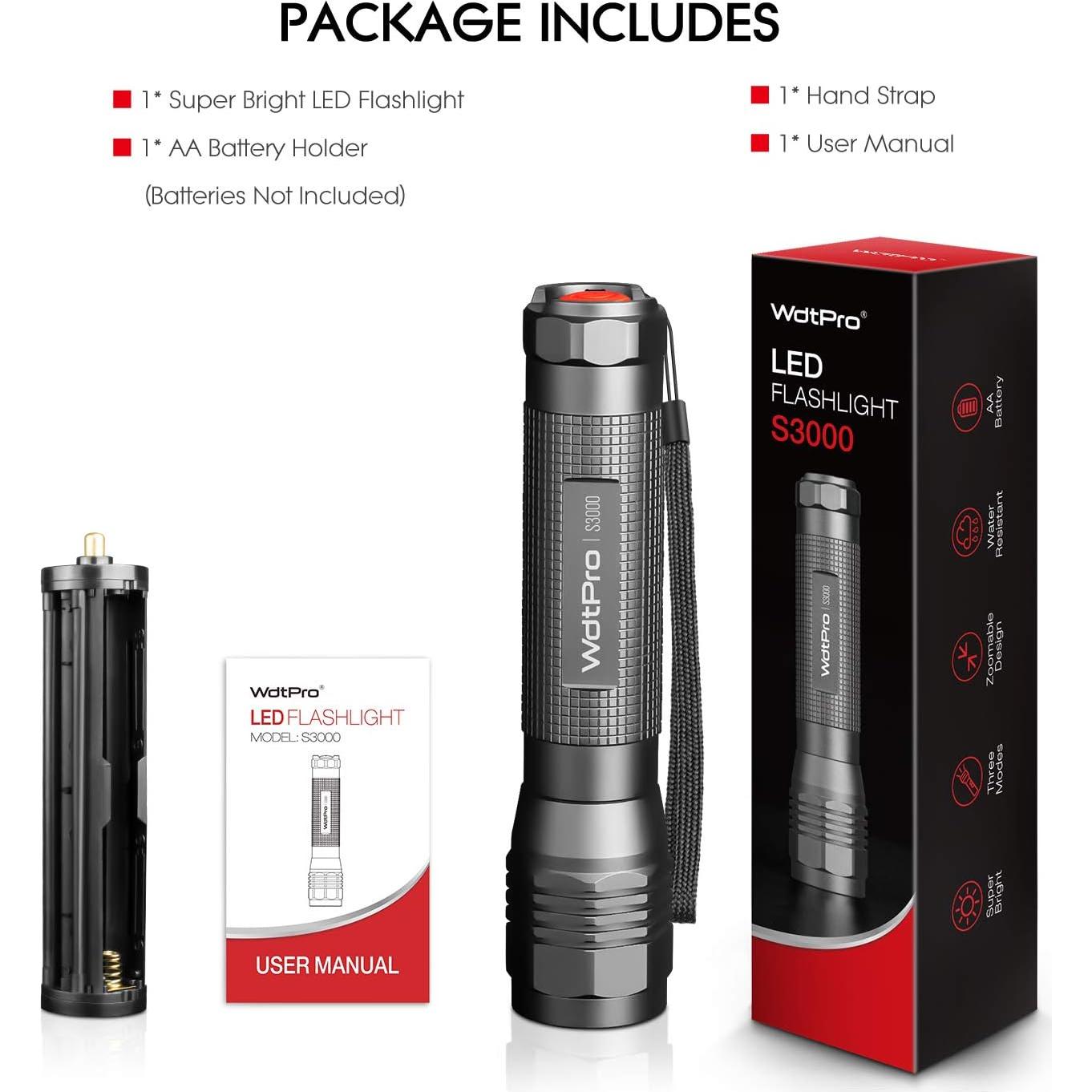 Linterna LED WdtPro S3000, 1600 Lúmenes, IP67, 3 Modos