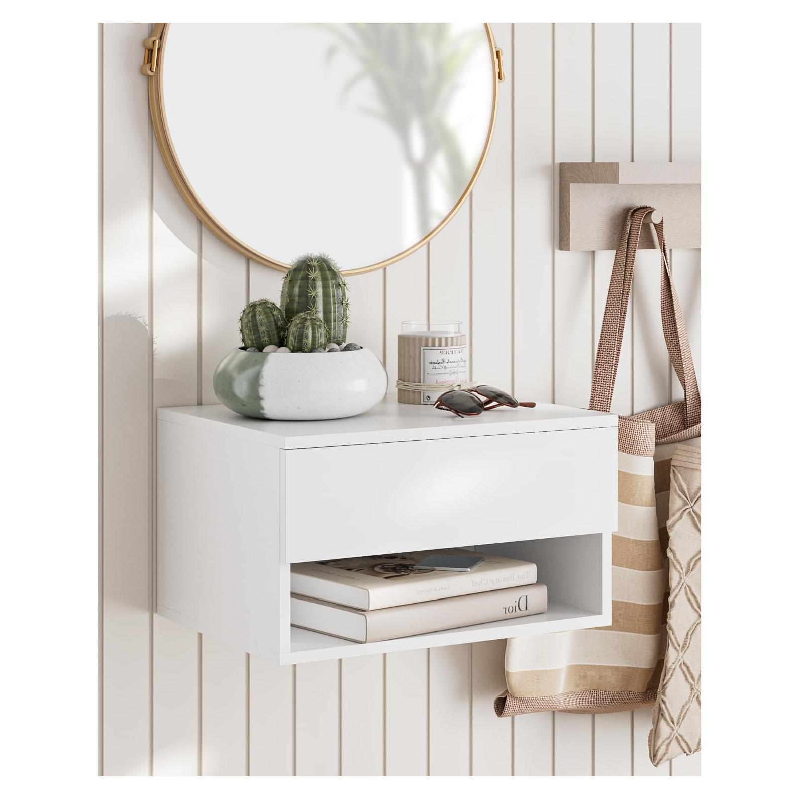 Mesita de Noche Flotante Aienvey Blanca con Cajón y Estante