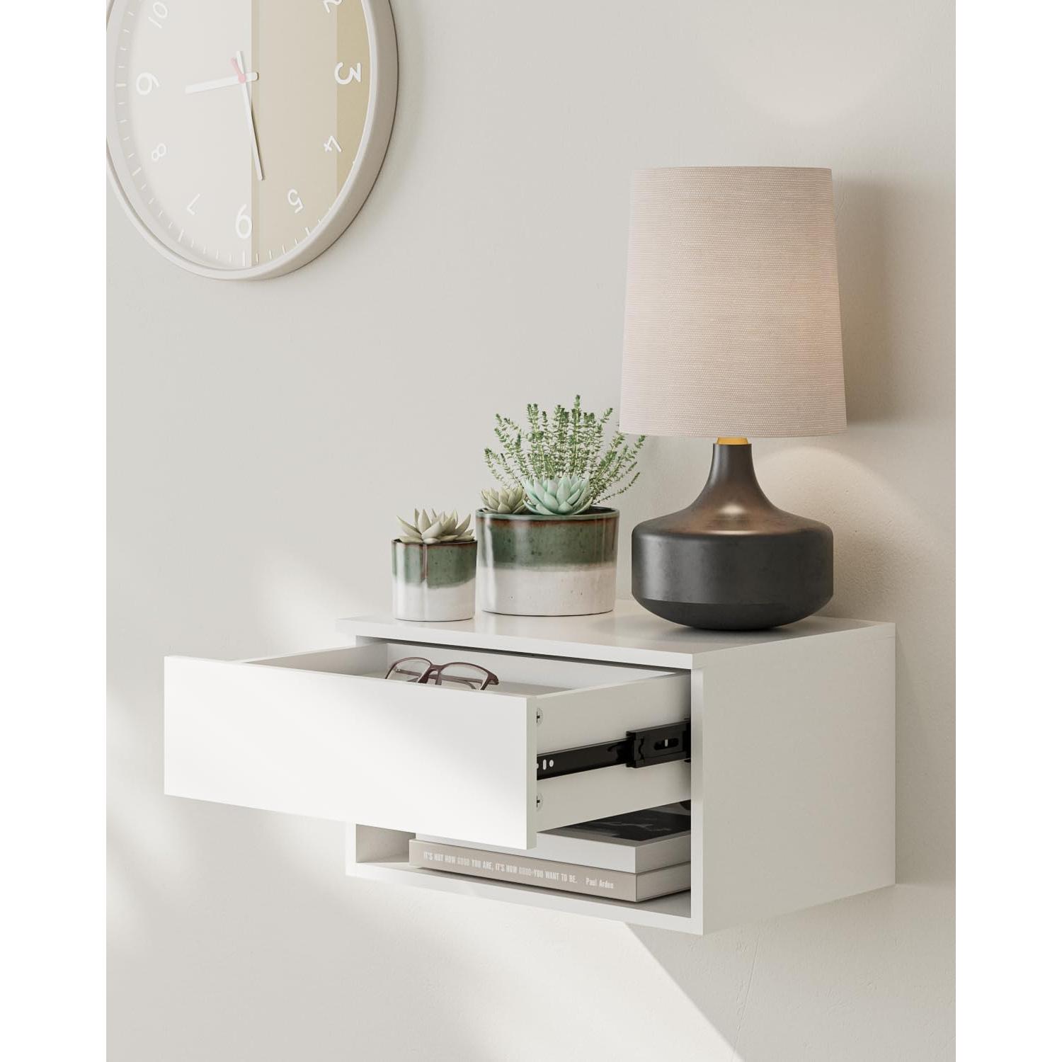 Mesita de Noche Flotante Aienvey Blanca con Cajón y Estante