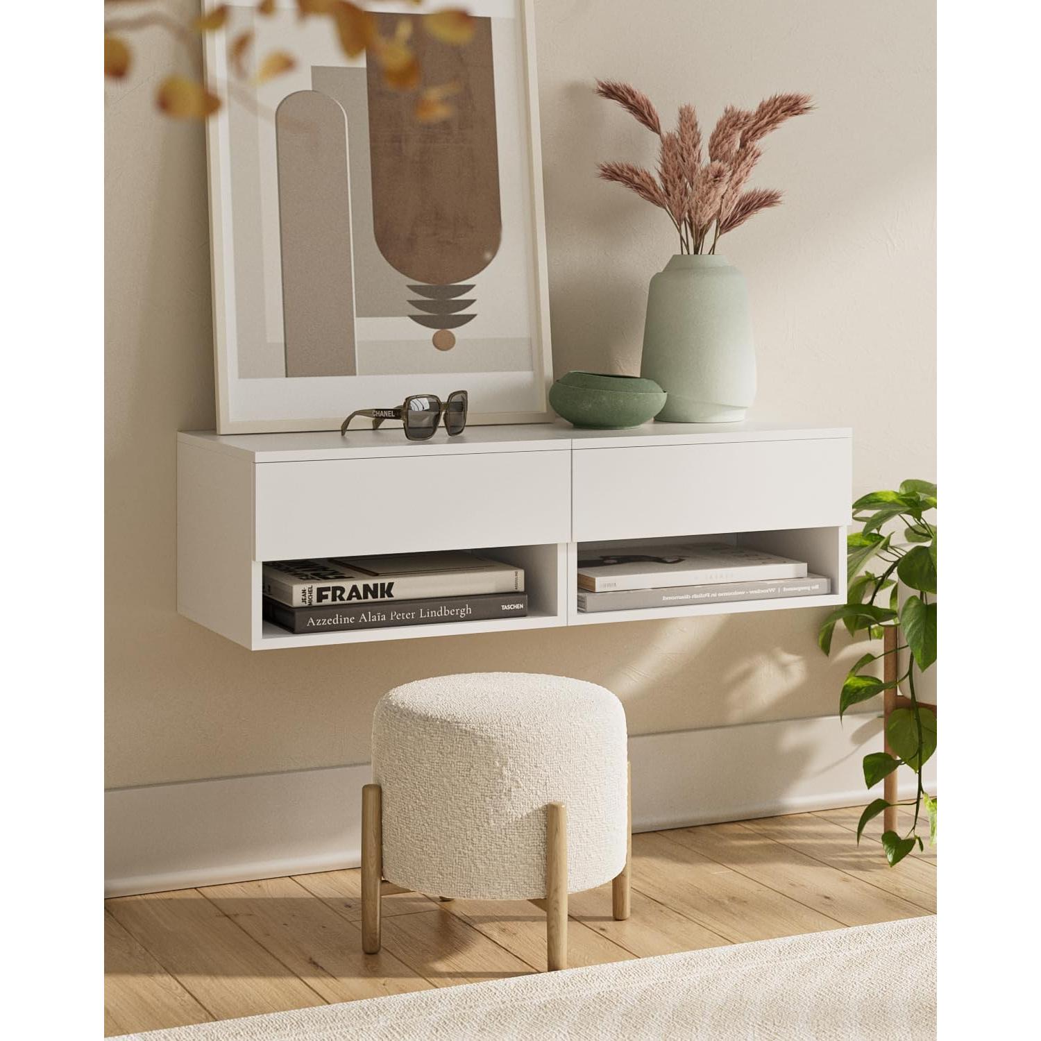 Mesita de Noche Flotante Aienvey Blanca con Cajón y Estante