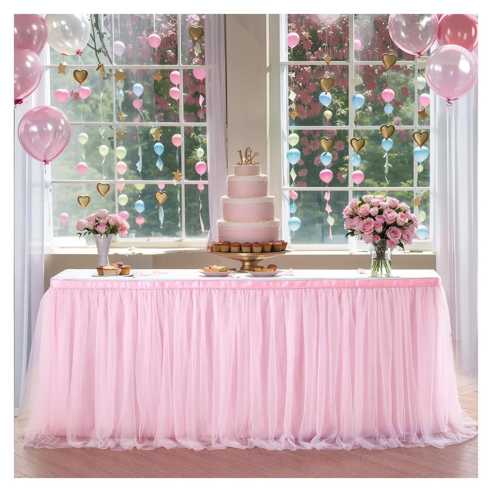 Falda de mesa de tul rosa Suppromo 6FT para baby shower