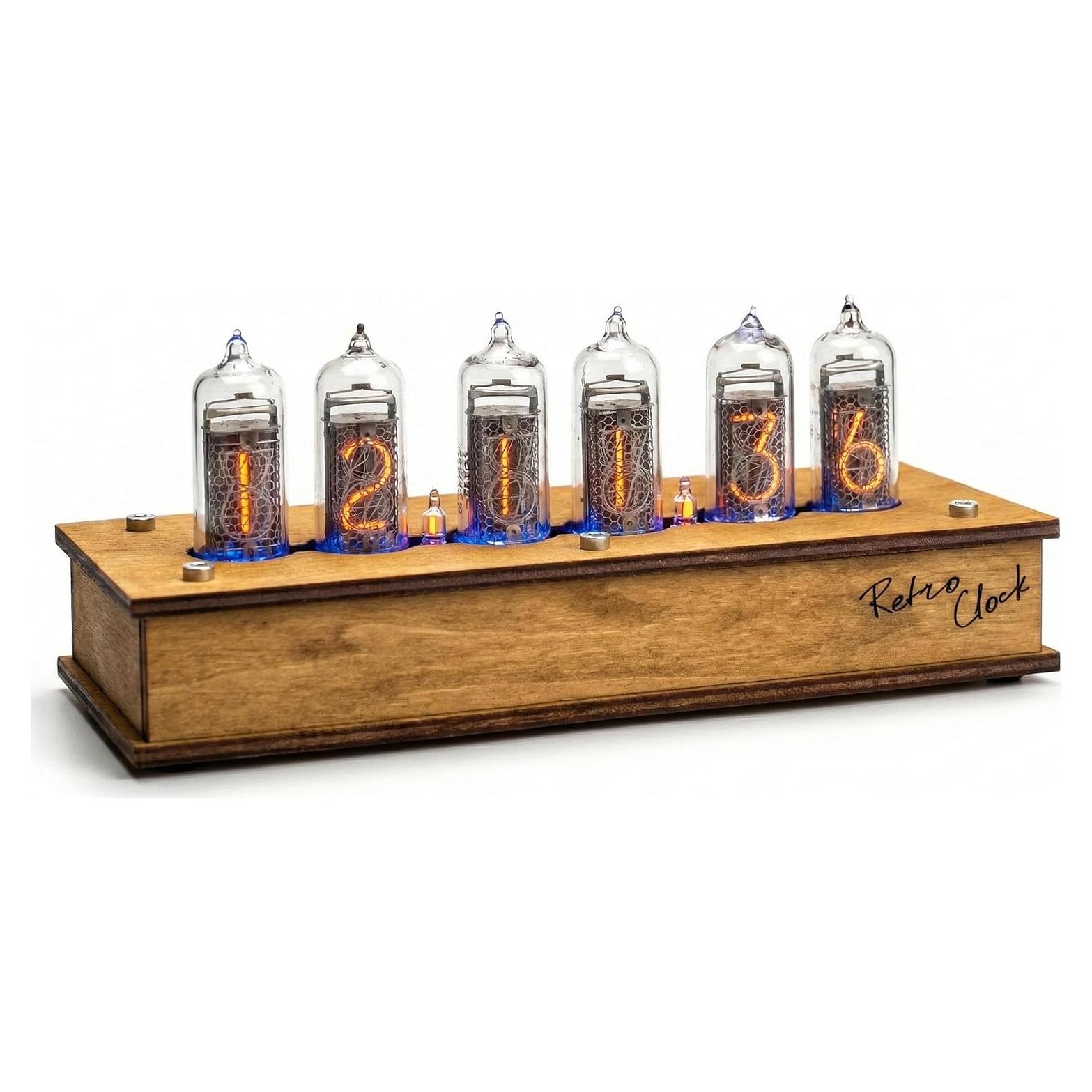 Reloj de Tubo Nixie IN-14 Hecho a Mano en Madera Vintage