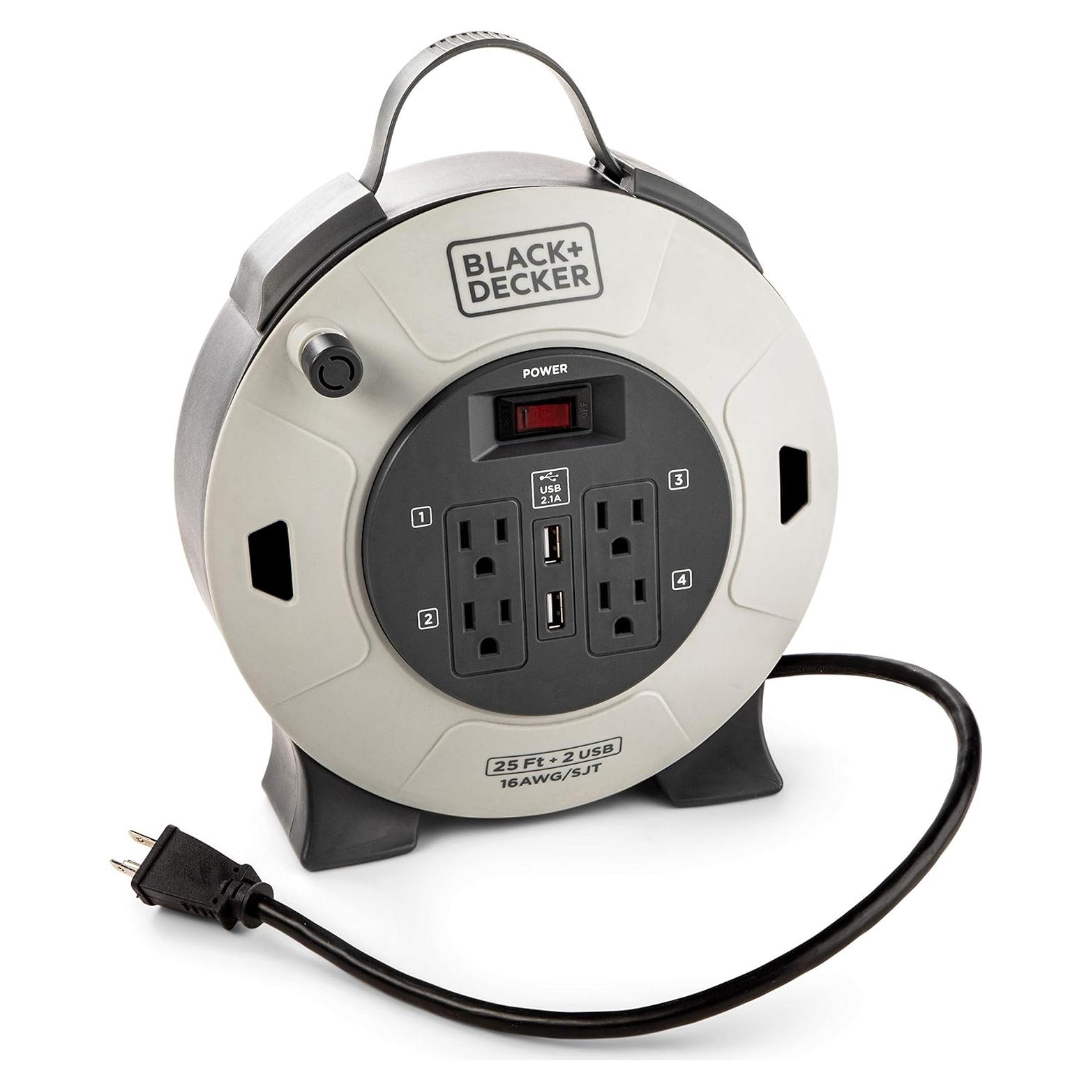 Carrete de Cable Retráctil BLACK+DECKER 7,62 m 4 Salidas USB