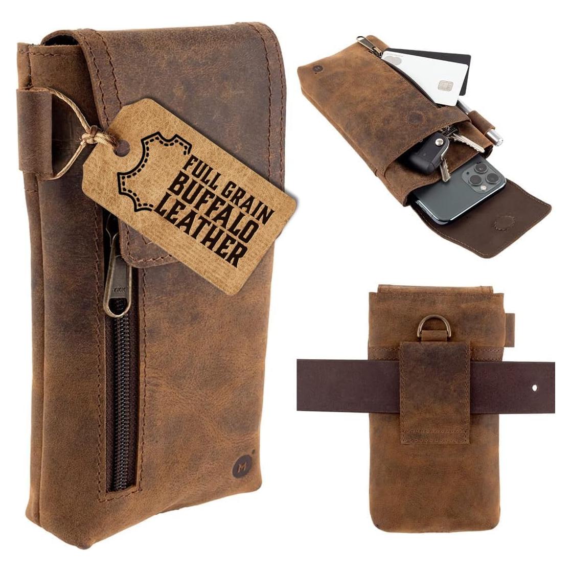 Funda de cuero Moonster para smartphone grande - Marrón